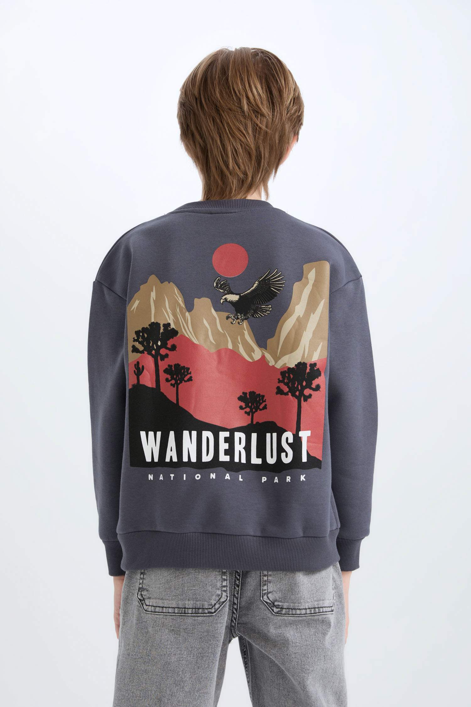 Erkek Çocuk Oversize Geniş Kalıp Bisiklet Yaka Sırt Baskılı Sweatshirt