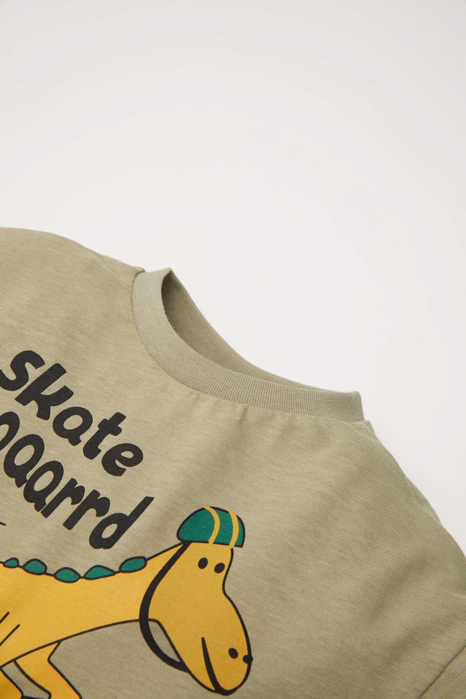 Erkek Bebek Bisiklet Yaka Dinozor Baskılı Uzun Kollu Tişört