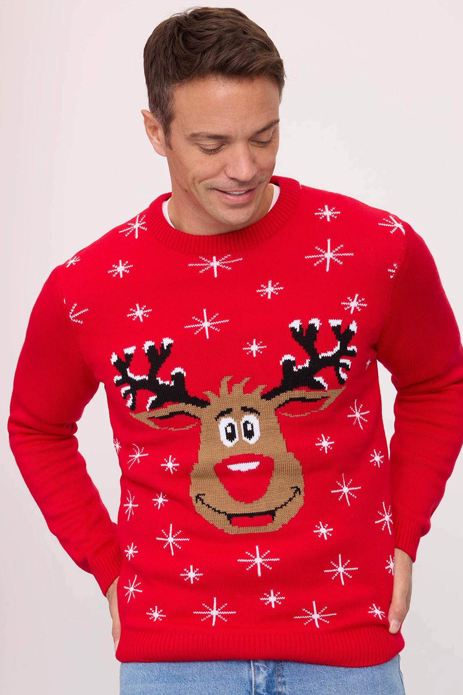 Kırmızı Standart Fit Yılbaşı Temalı Bisiklet Yaka Triko Kazak