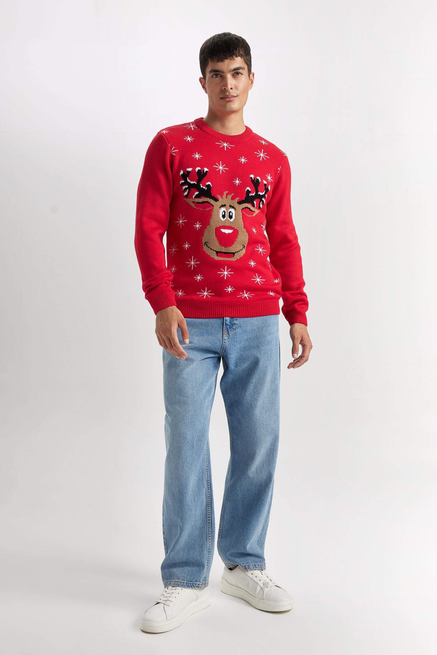 Red Standard Fit Crew Neck New Year Themed Knitwear Pullover