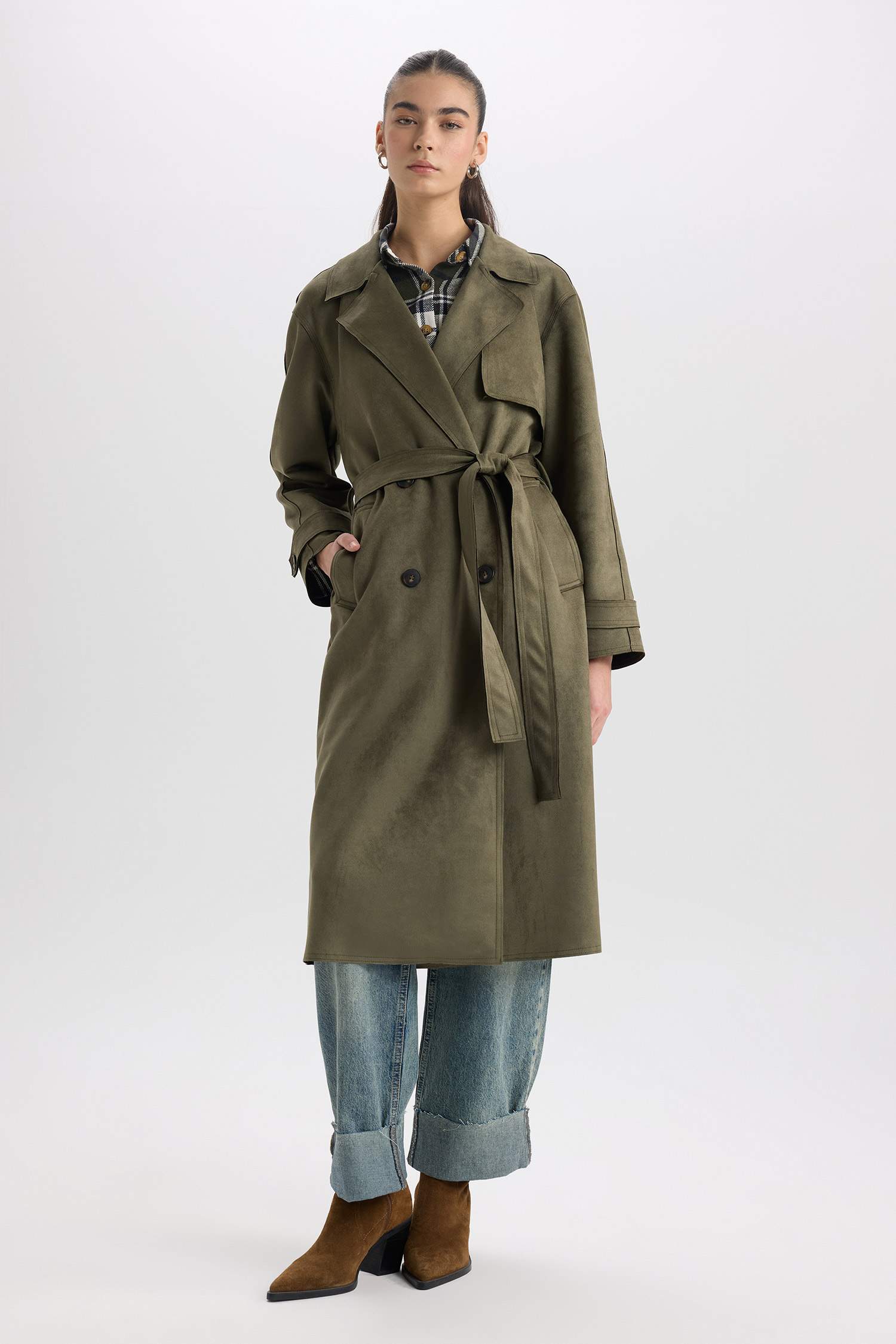 Regular Fit Smokin Yaka Kemerli Cepli Uzun Süet Trençkot