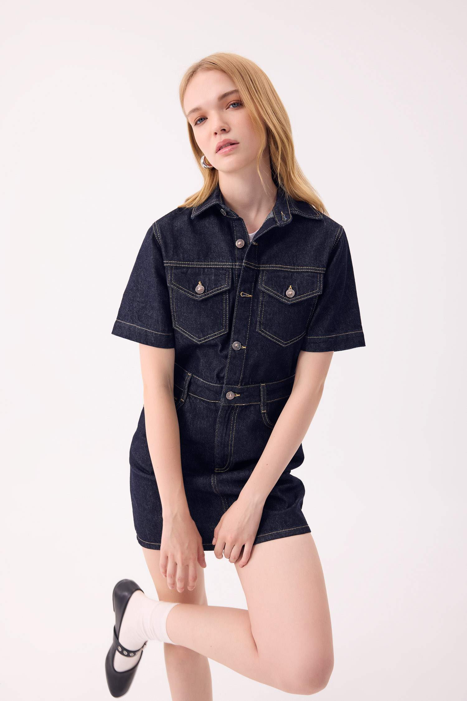 Fashion Fit Shirt Collar Pocket Short Sleeve Midi Denim Dress