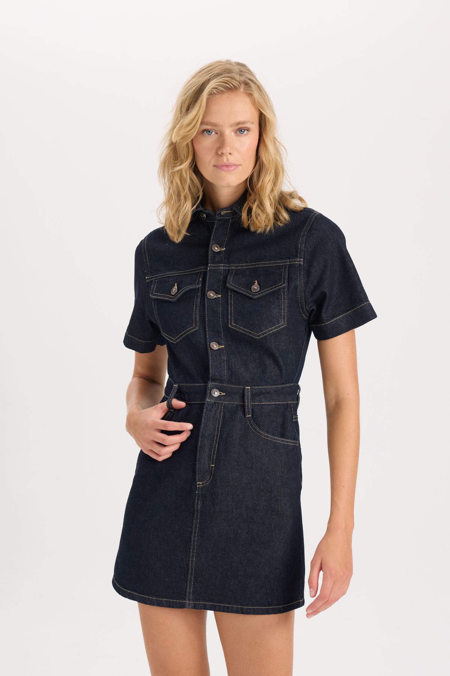 Fashion Fit Shirt Collar Pocket Short Sleeve Midi Denim Dress