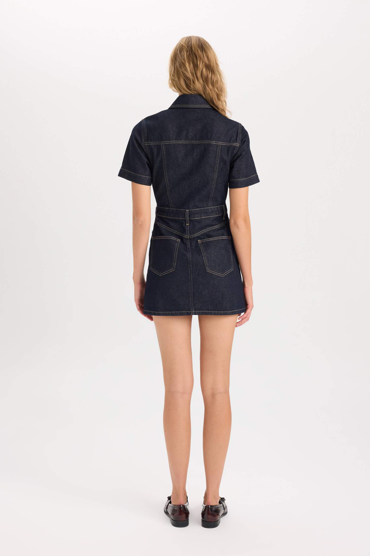 Fashion Fit Shirt Collar Pocket Short Sleeve Midi Denim Dress