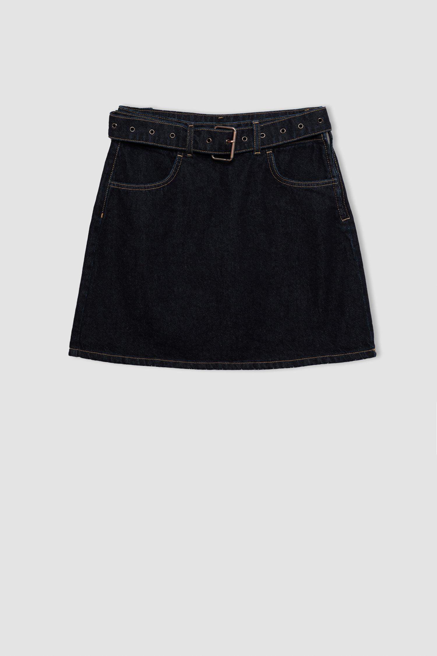 Fashion Fit Faded Effect Belted Denim Mini Skirt