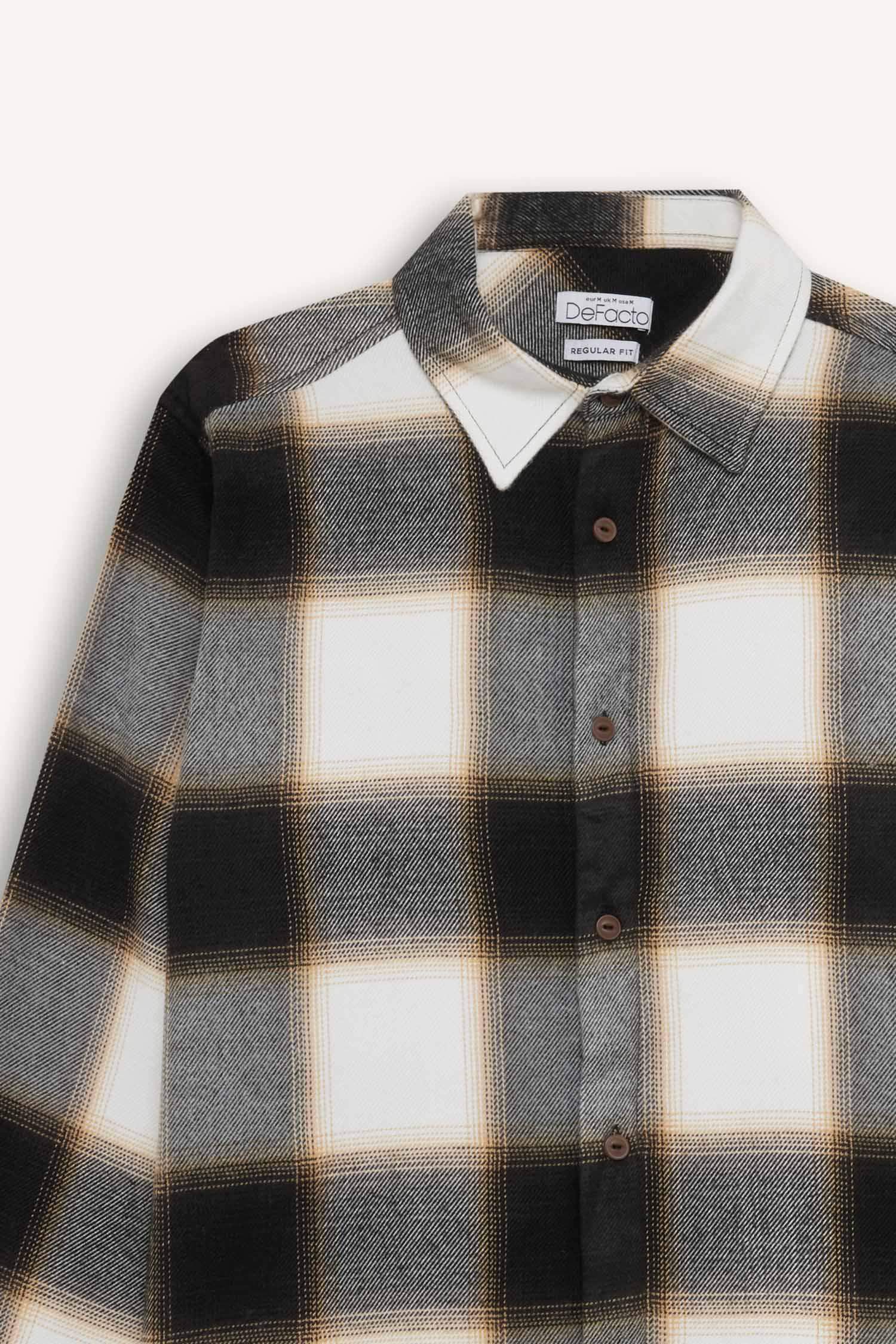 Regular Fit Polo Yaka Kareli Flanel Uzun Kollu Gömlek