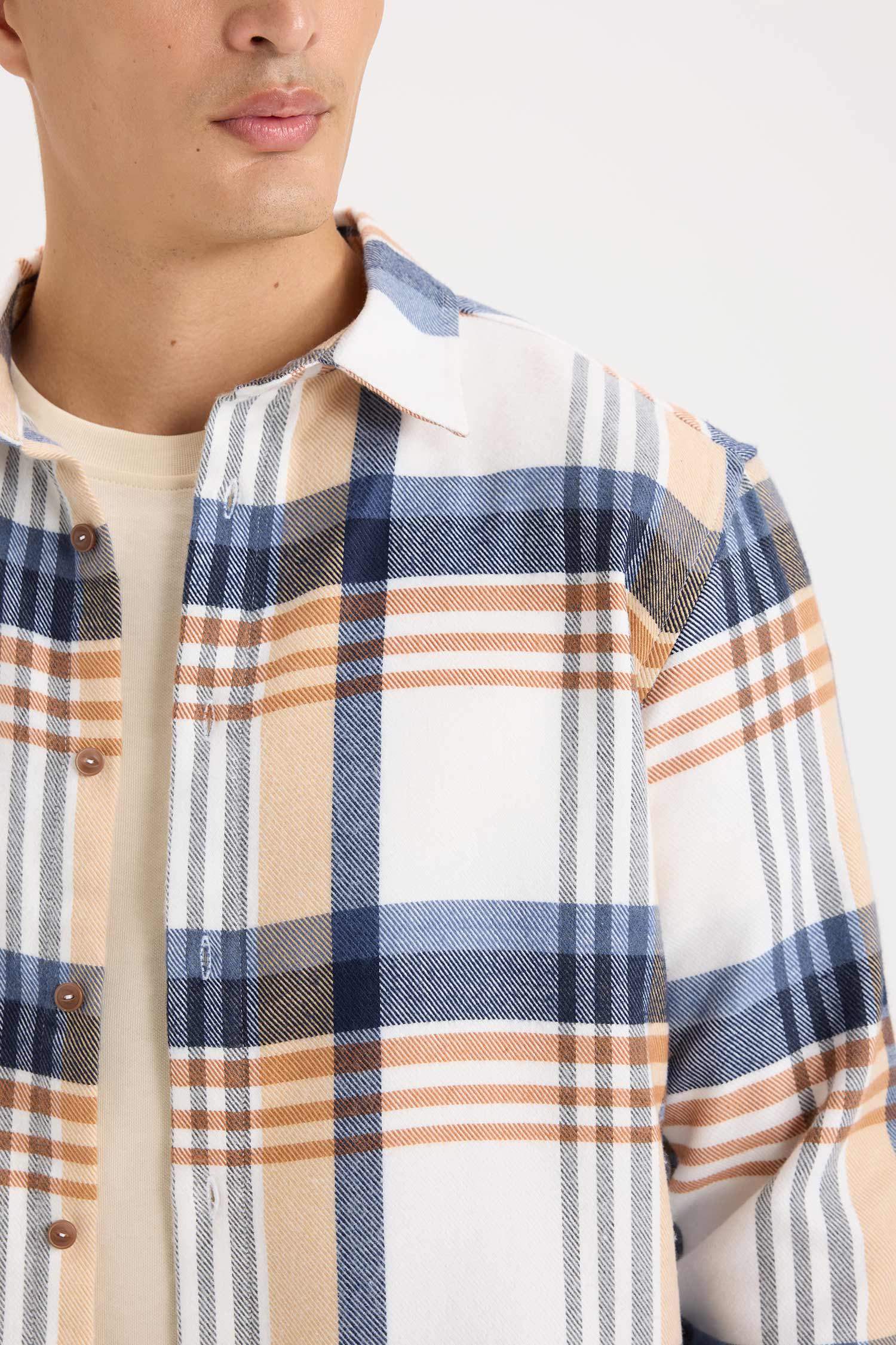 قميص بولو كاروهات كم طويل فلانيل قصة عادية