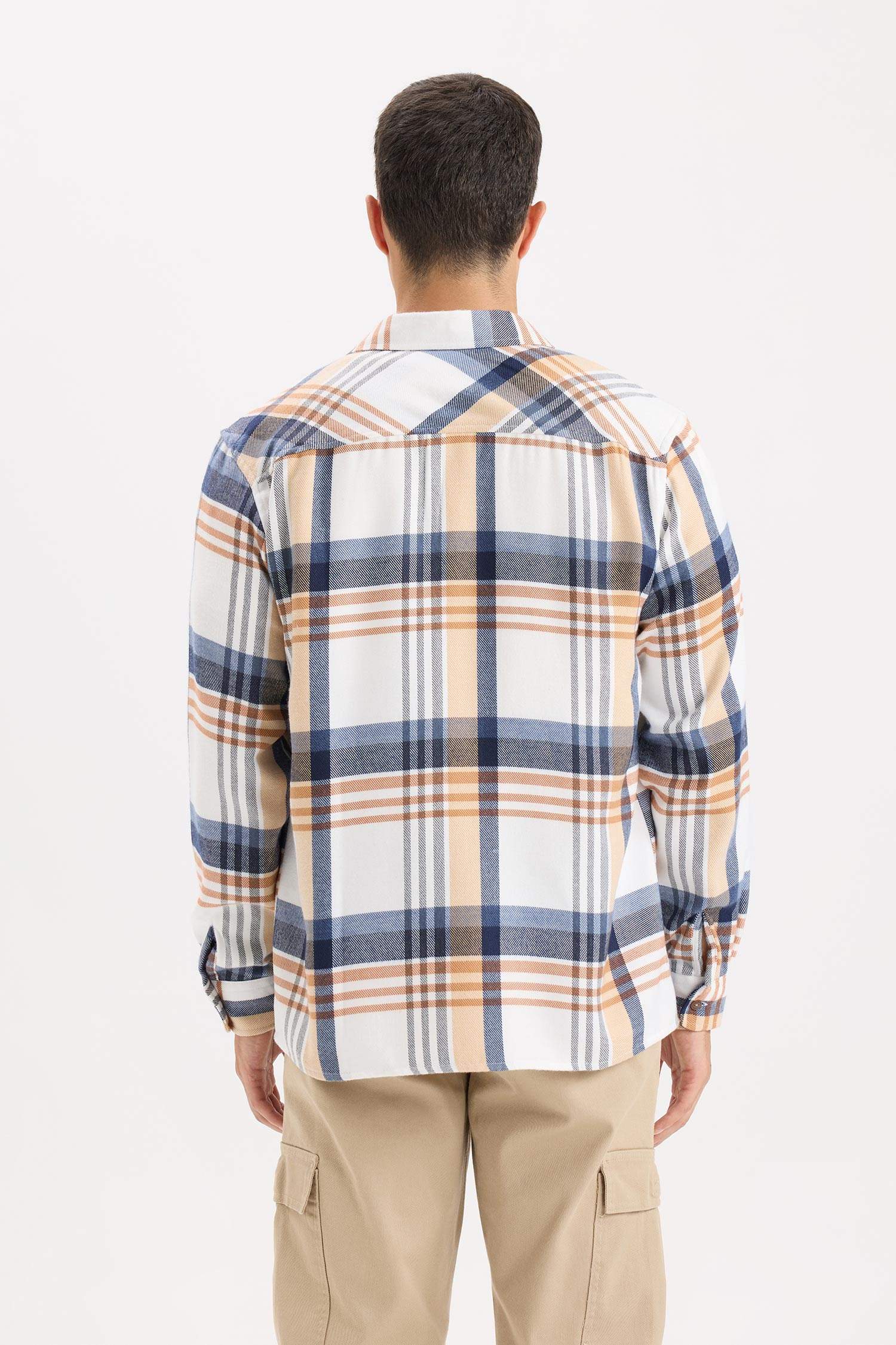 قميص بولو كاروهات كم طويل فلانيل قصة عادية