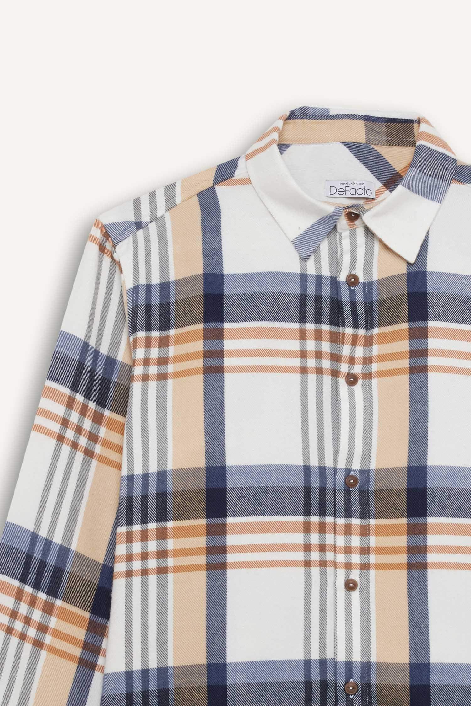 قميص بولو كاروهات كم طويل فلانيل قصة عادية