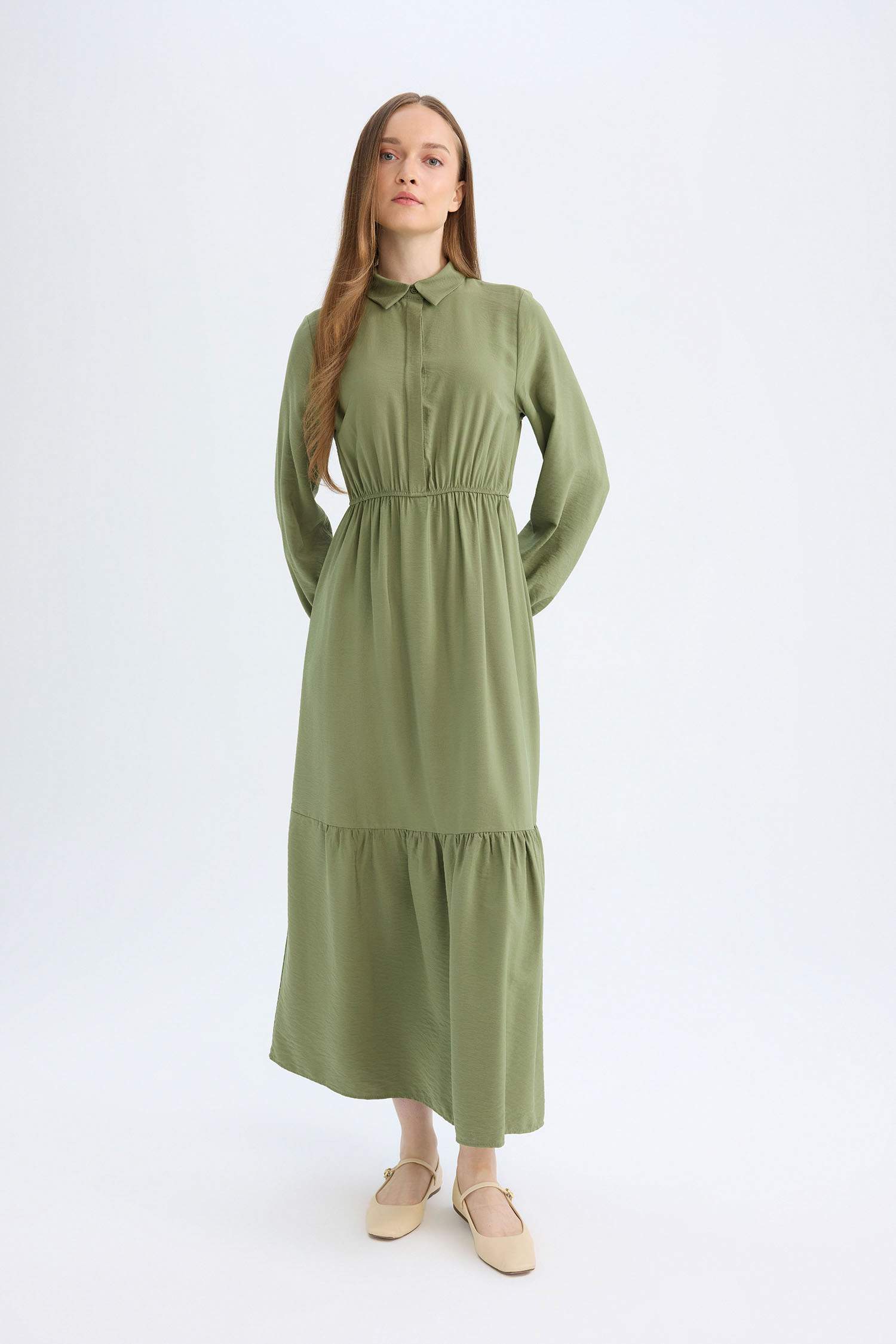 Gömlek Yaka Basic Düz Düğmeli Beli Büzgülü Uzun Kollu Maxi Elbise