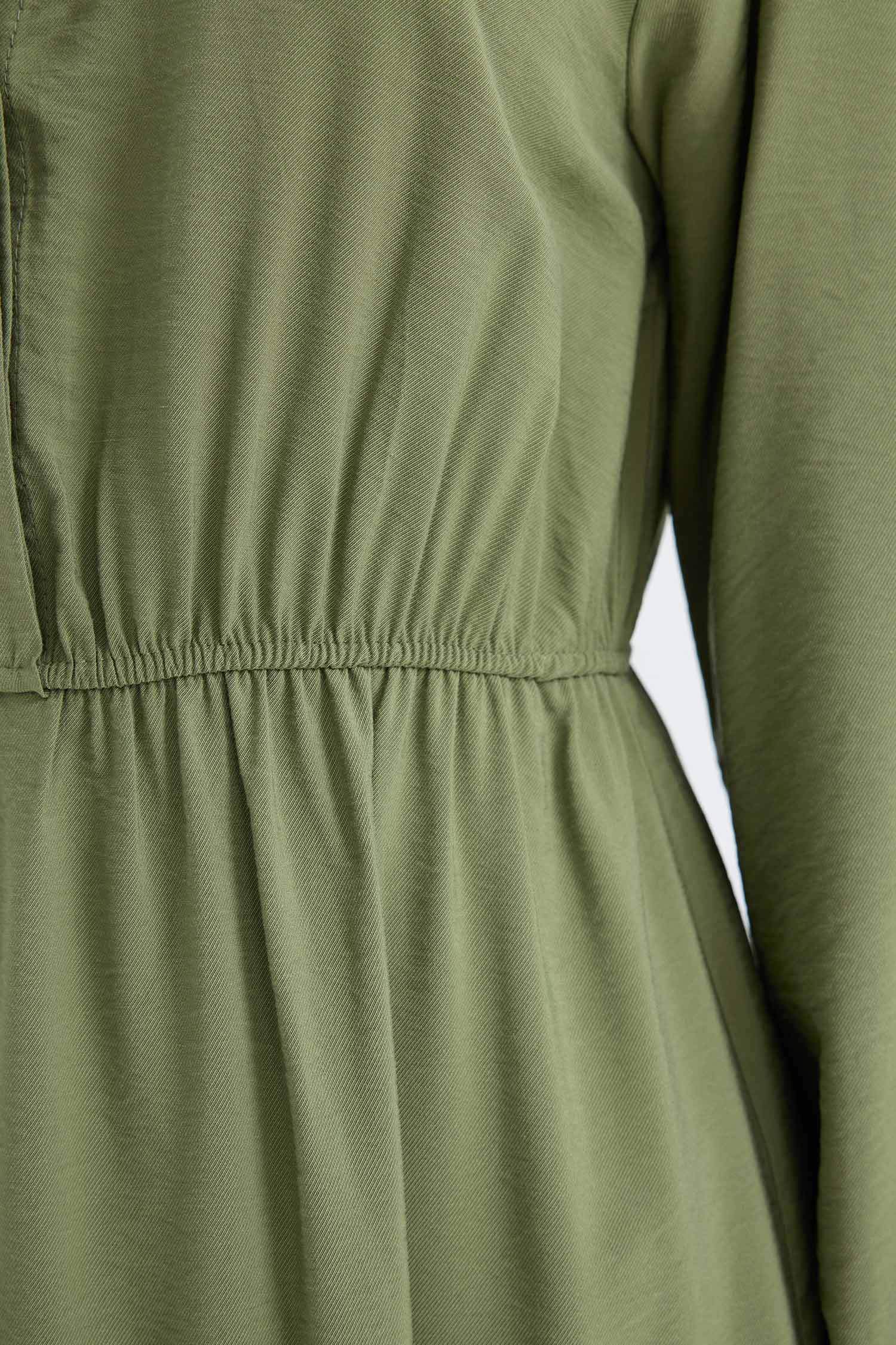 Gömlek Yaka Basic Düz Düğmeli Beli Büzgülü Uzun Kollu Maxi Elbise