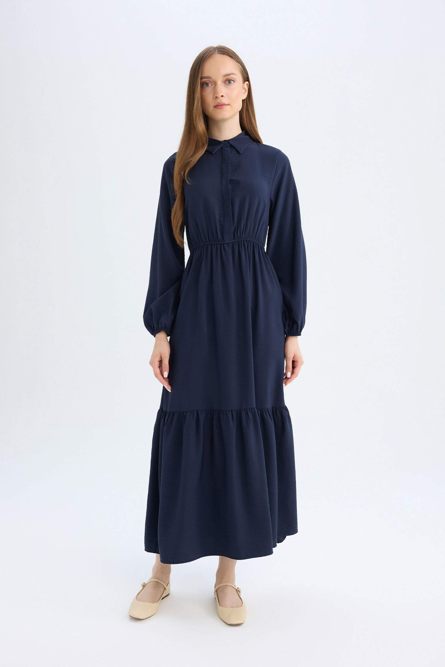 Gömlek Yaka Basic Düz Düğmeli Beli Büzgülü Uzun Kollu Maxi Lacivert Elbise