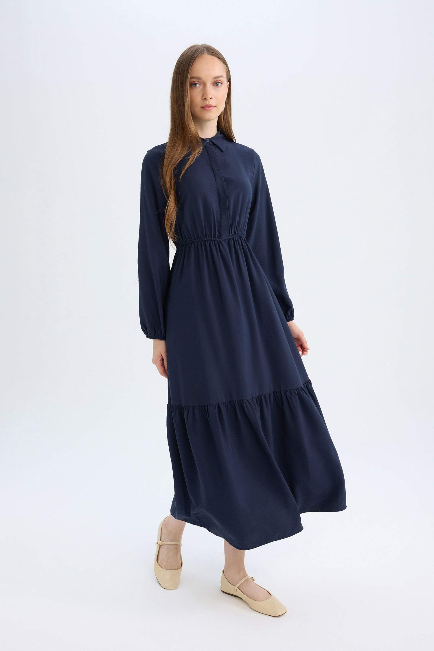 Gömlek Yaka Basic Düz Düğmeli Beli Büzgülü Uzun Kollu Maxi Lacivert Elbise