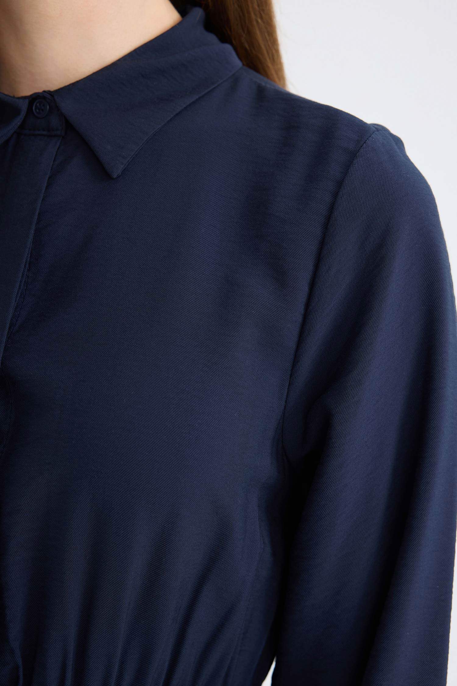 Gömlek Yaka Basic Düz Düğmeli Beli Büzgülü Uzun Kollu Maxi Lacivert Elbise