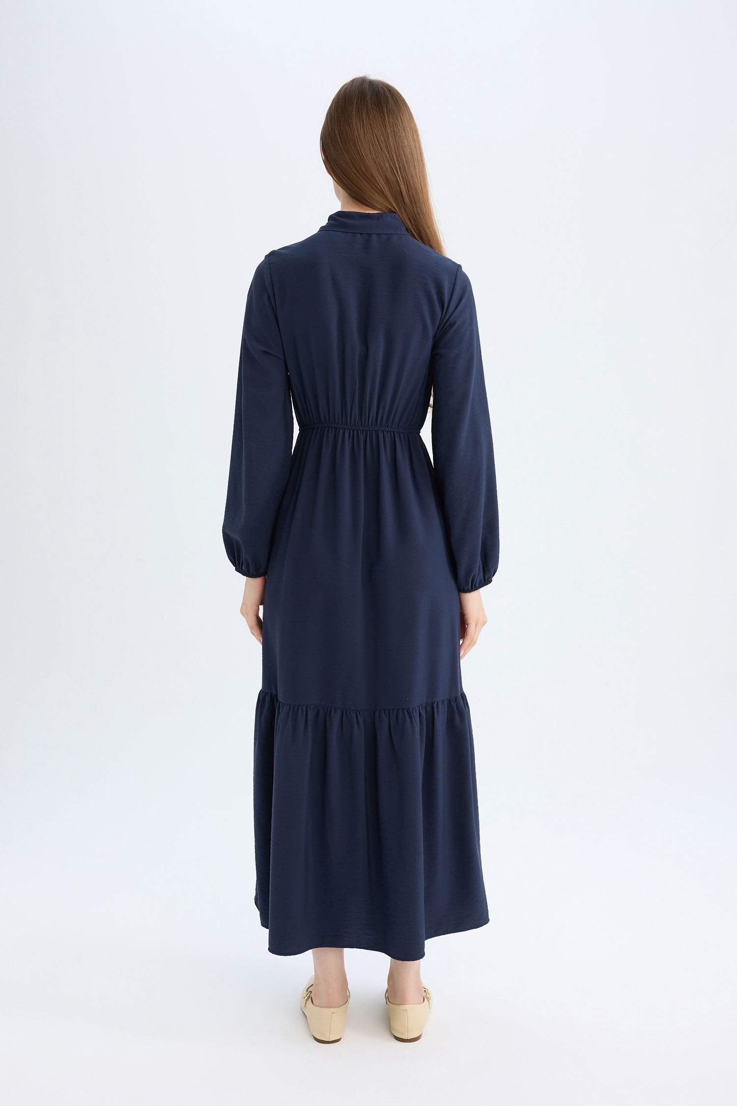 Gömlek Yaka Basic Düz Düğmeli Beli Büzgülü Uzun Kollu Maxi Lacivert Elbise