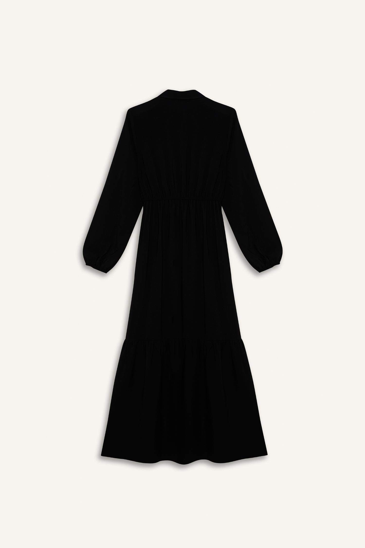 Gömlek Yaka Basic Düz Düğmeli Beli Büzgülü Uzun Kollu Maxi Elbise