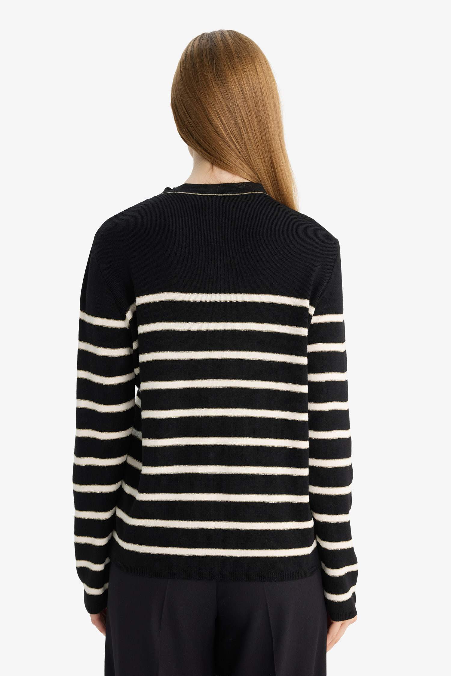 Regular Fit Bisiklet Yaka Düğmeli Çizgili Triko Hırka