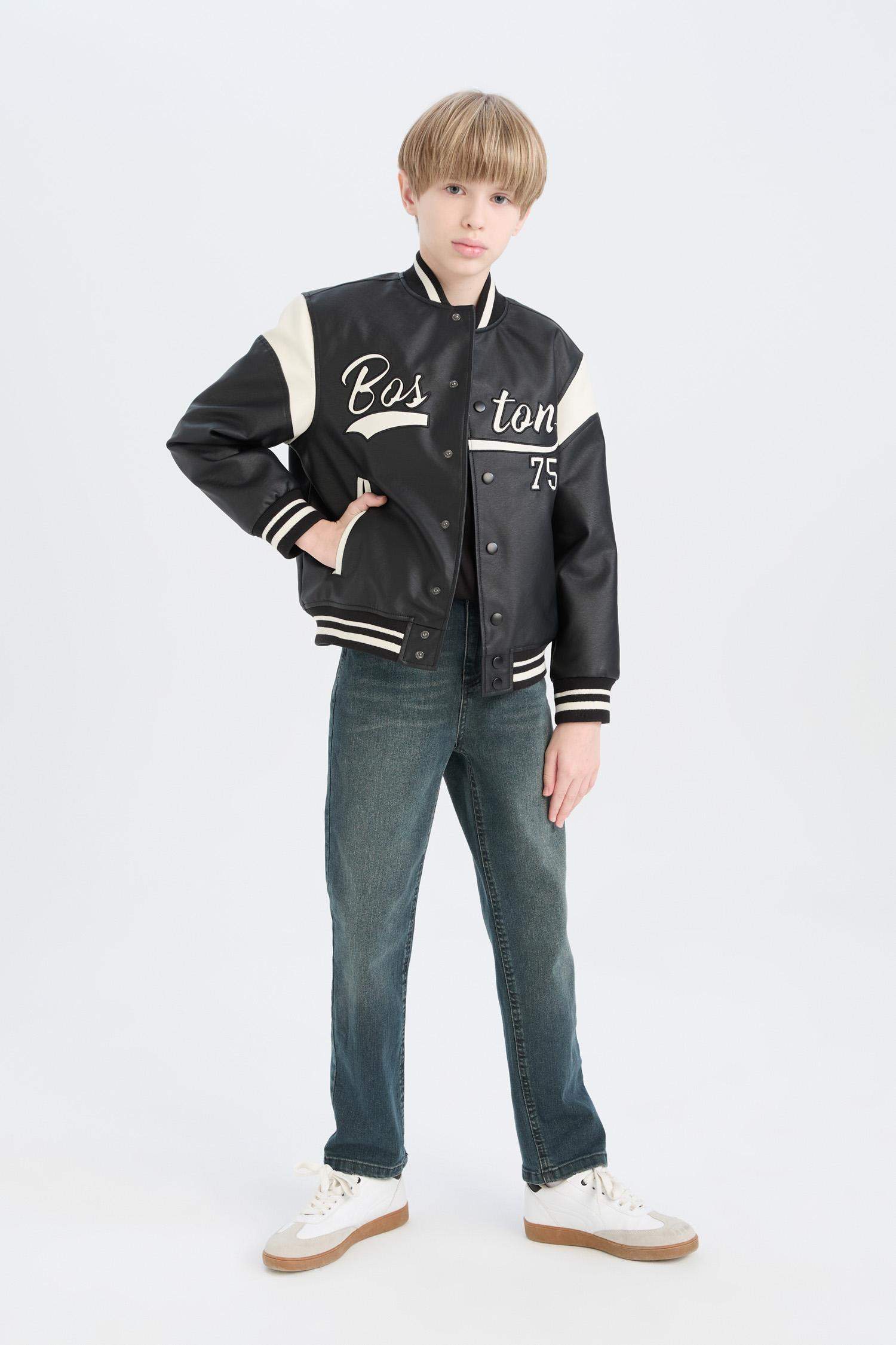 Erkek Çocuk Su Geçirmez Kolej Yaka Çıtçıtlı Bomber Ceket Mont