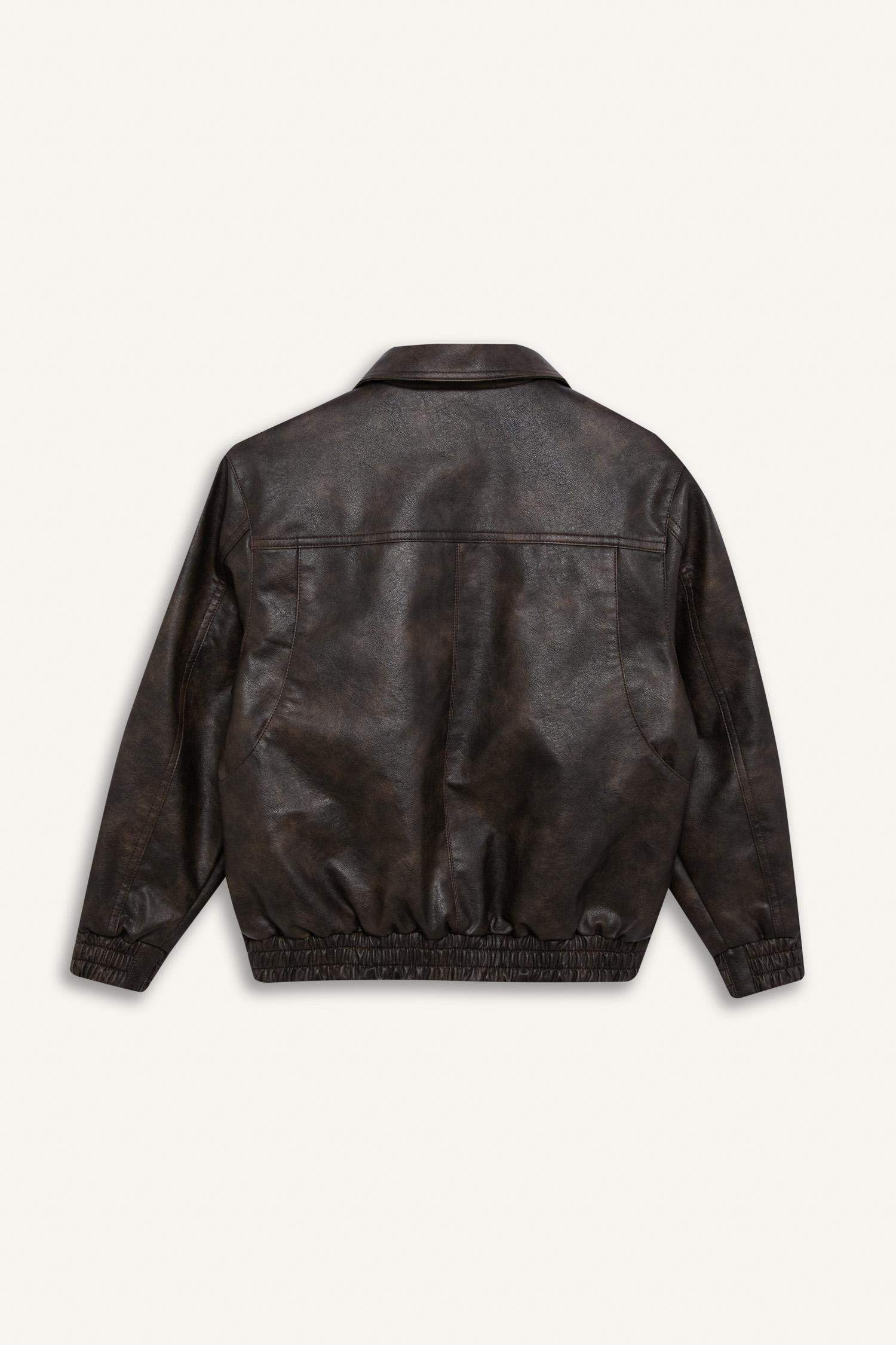 Erkek Çocuk Su Geçirmez Polo Yaka Fermuarlı Suni Deri Mont Ceket