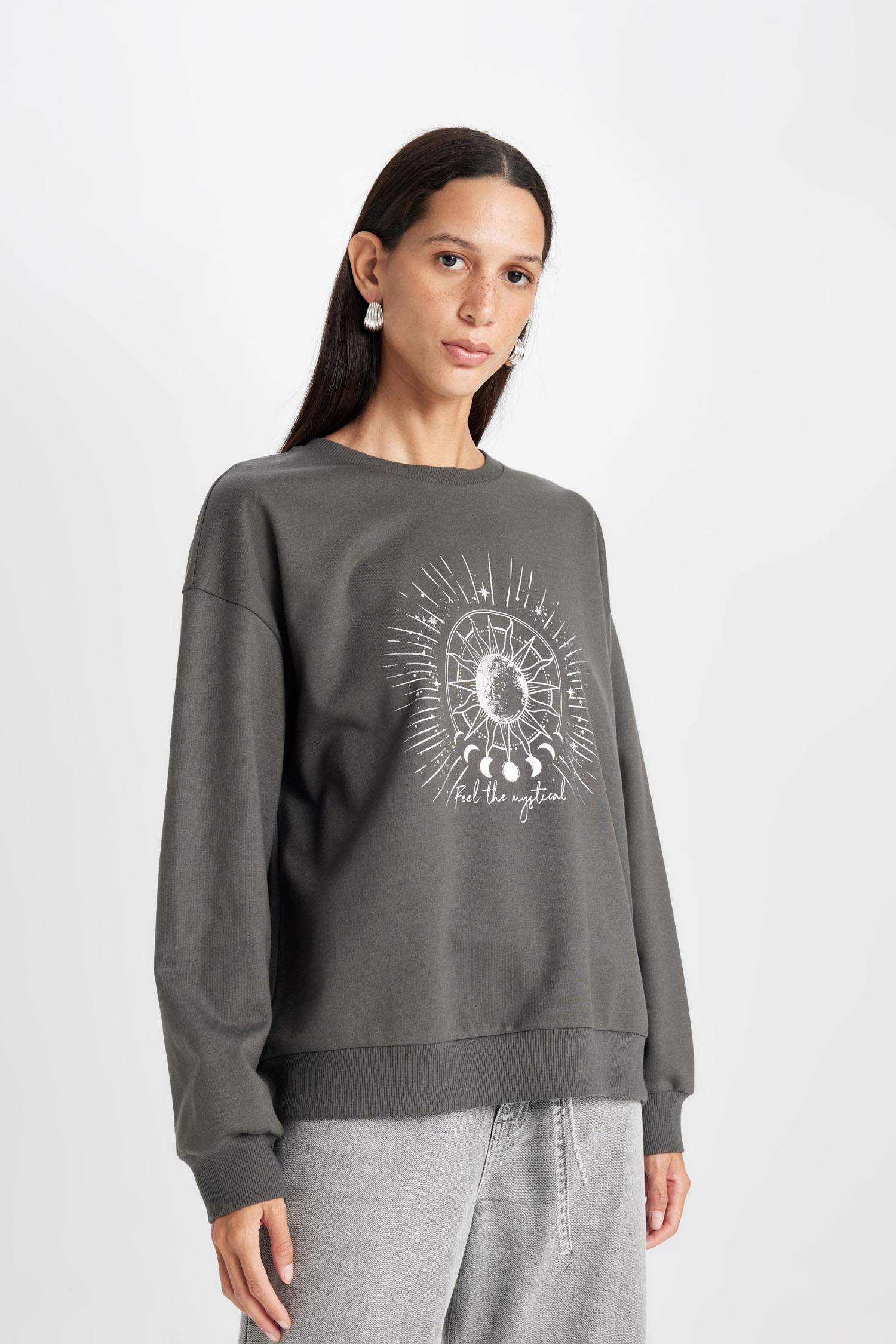 Relax Fit Bisiklet Yaka Baskılı İnce Sweatshirt