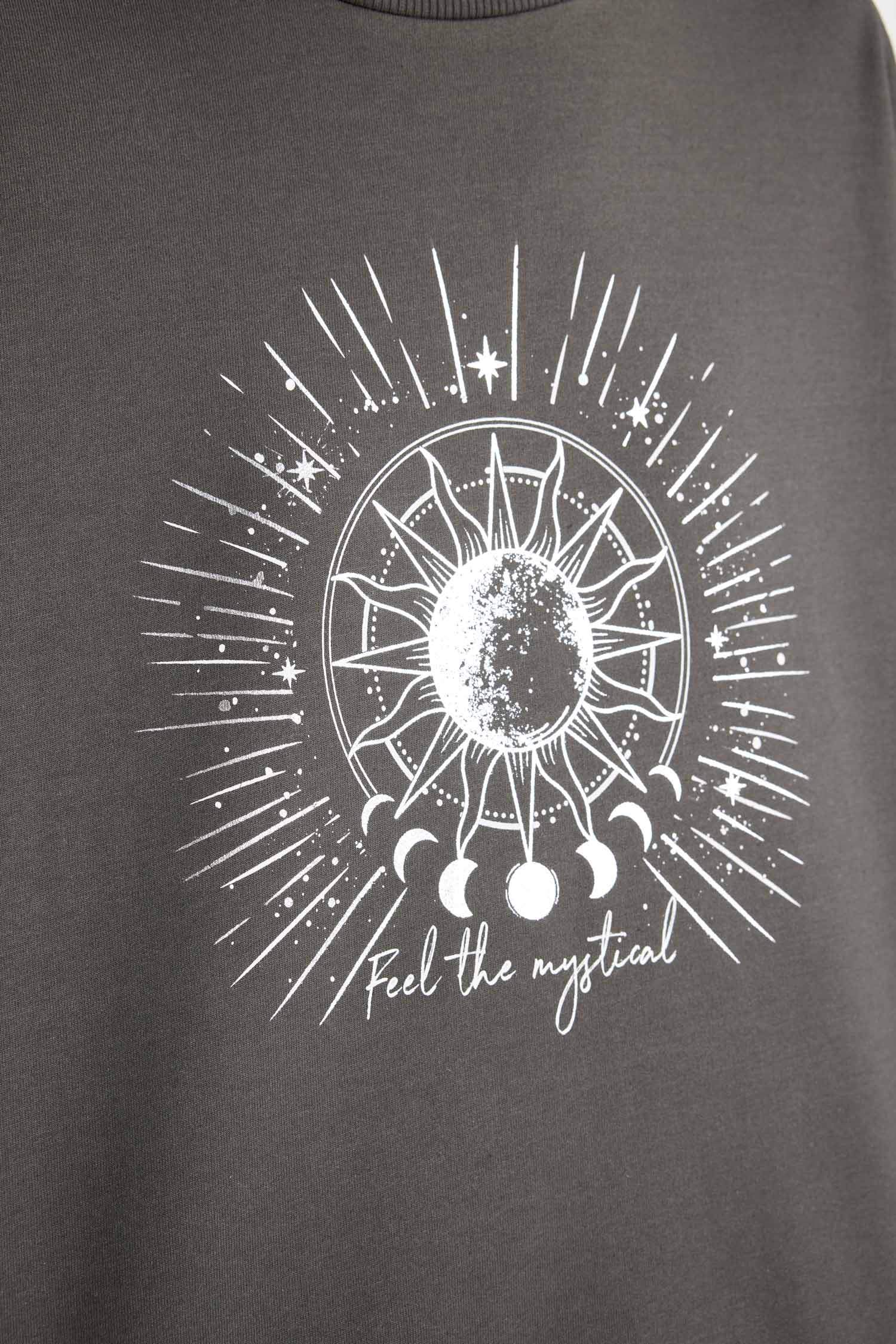 Relax Fit Bisiklet Yaka Baskılı İnce Sweatshirt