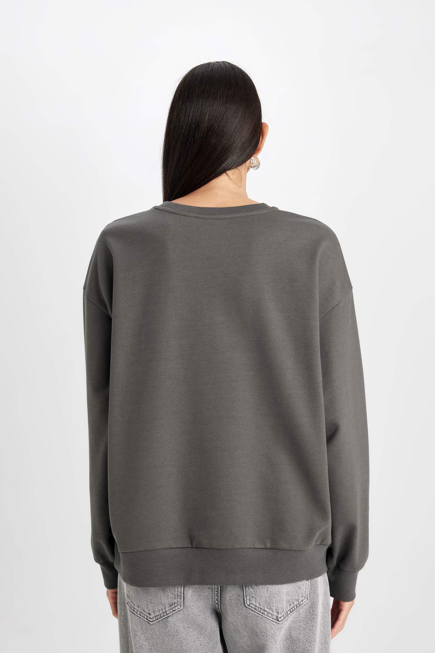 Relax Fit Bisiklet Yaka Baskılı İnce Sweatshirt