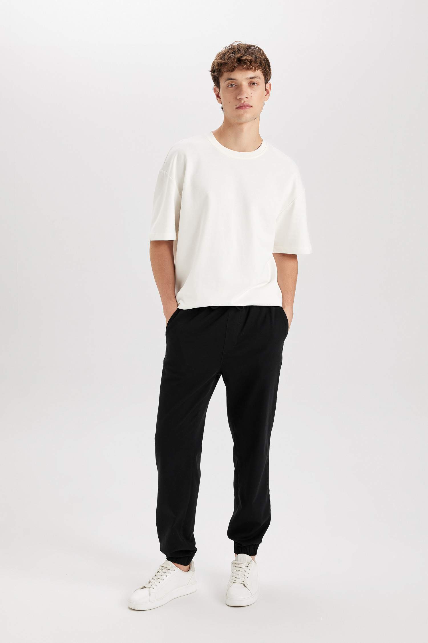 %100 Pamuk Jogger Gabardin Pantolon Beli Regular Fit Bağcıklı Lastikli Paça