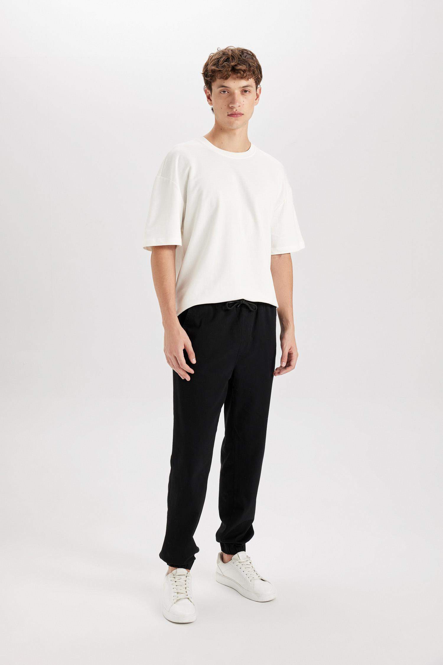 %100 Pamuk Jogger Gabardin Pantolon Beli Regular Fit Bağcıklı Lastikli Paça