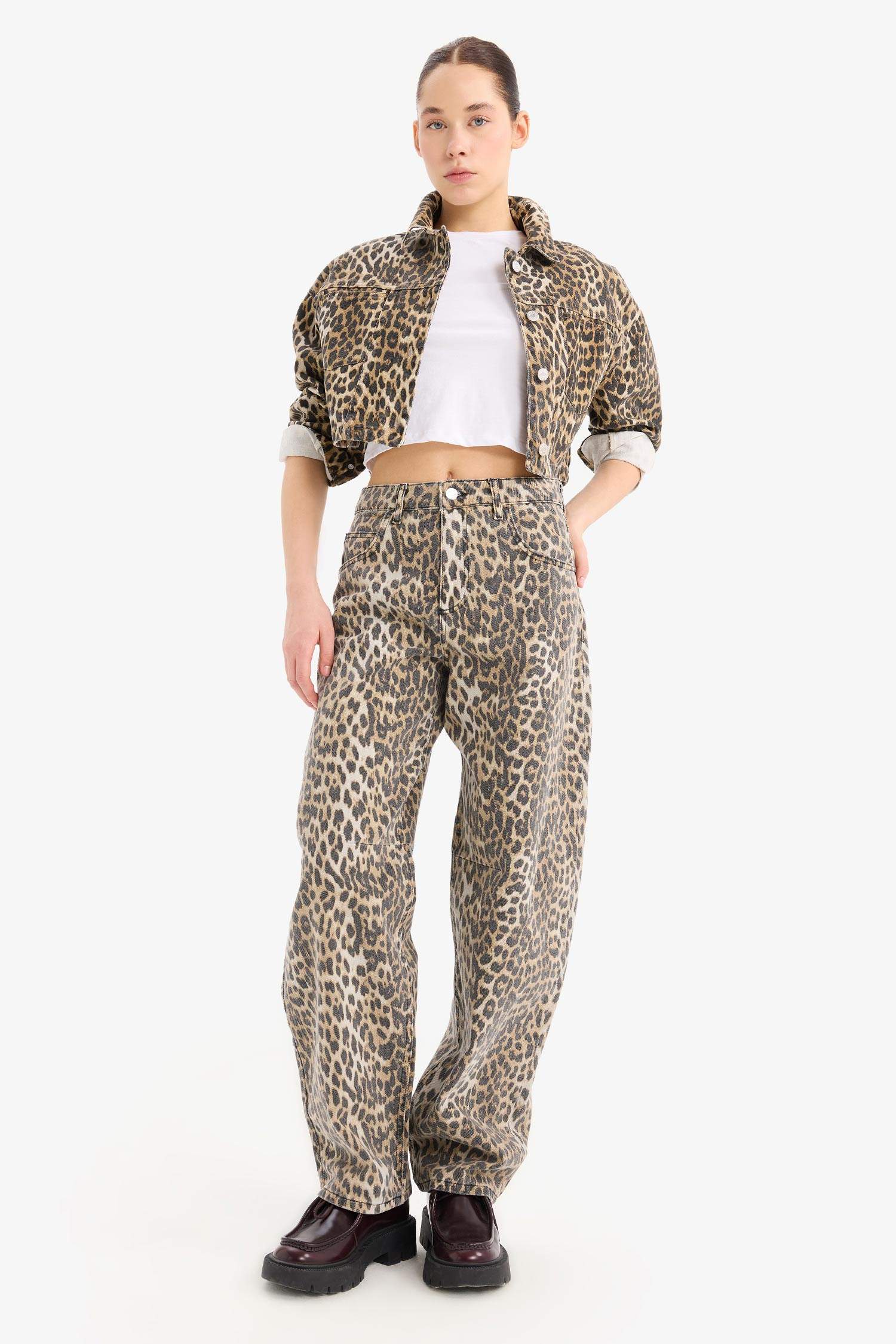Oversize Fit Animal Patterned Gabardine Long Sleeve Shirt