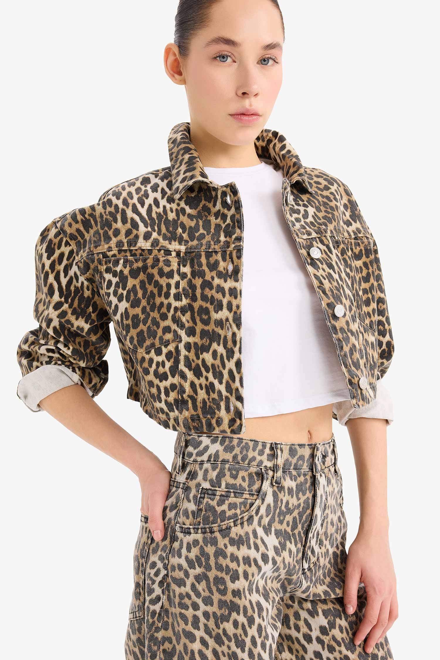 Oversize Fit Animal Patterned Gabardine Long Sleeve Shirt
