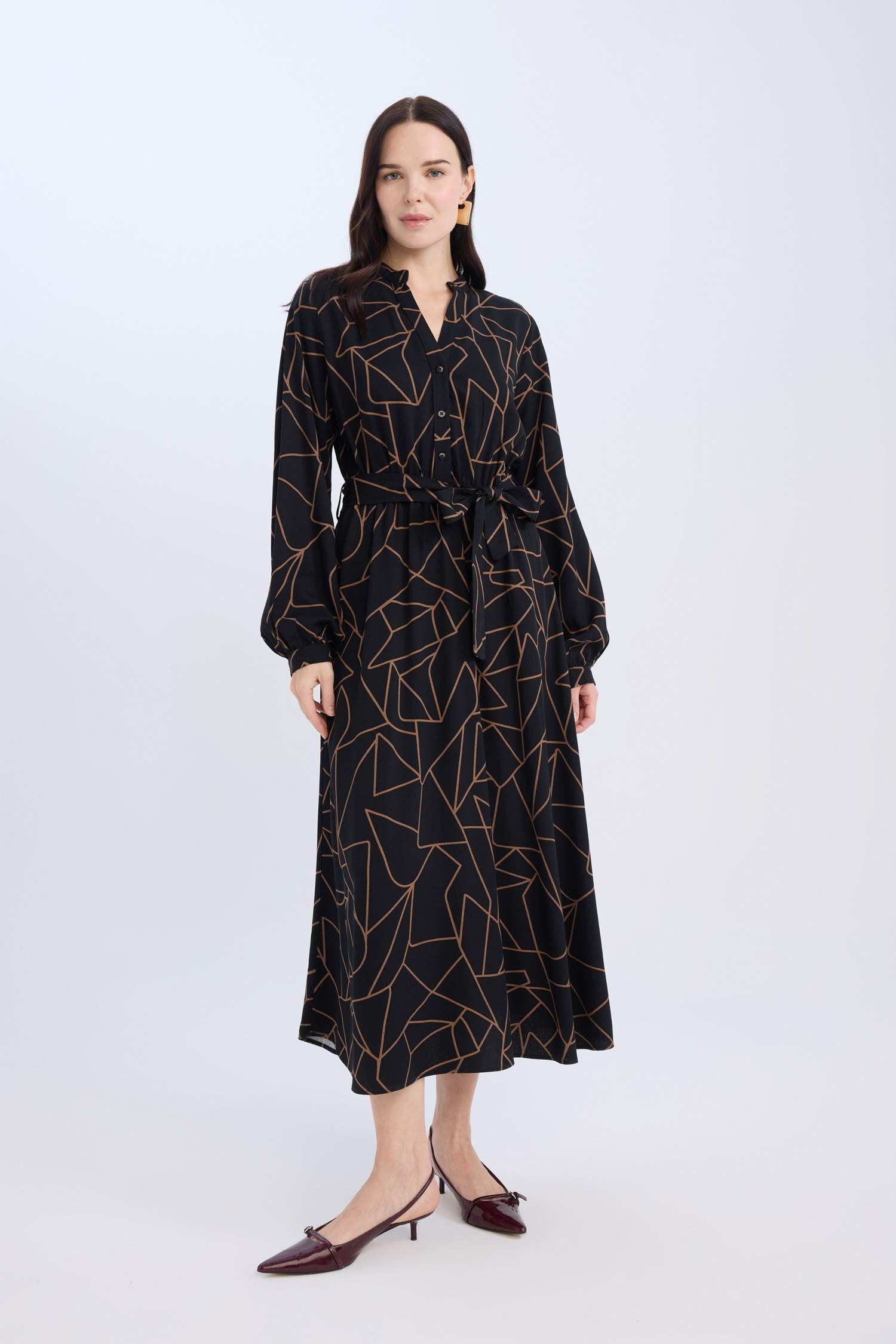 A Kesim Fiyonk Yaka Desenli Belmando Uzun Kollu Maxi Elbise