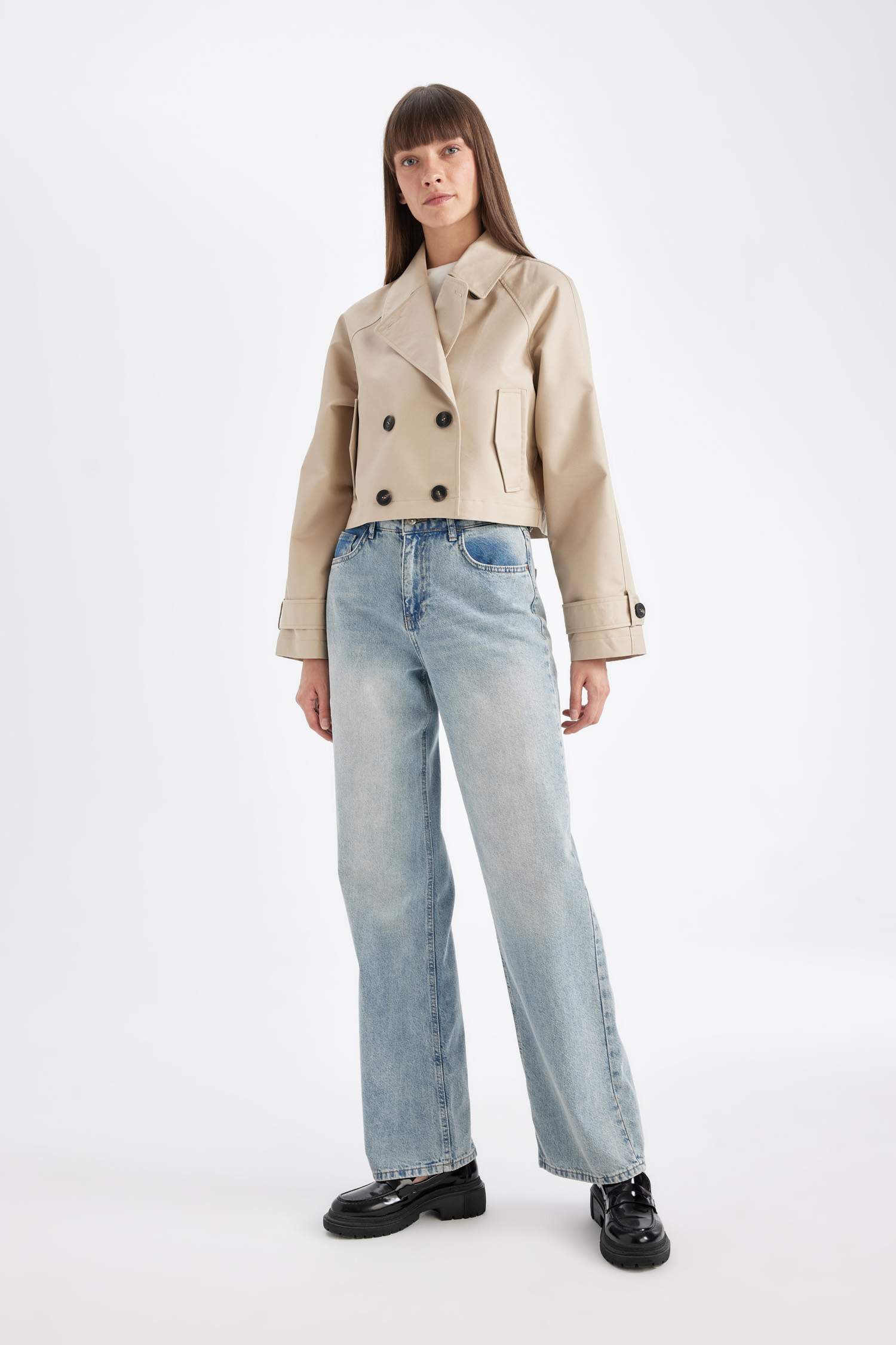 Smokin Yaka Düğmeli Pamuklu Kısa Trençkot 