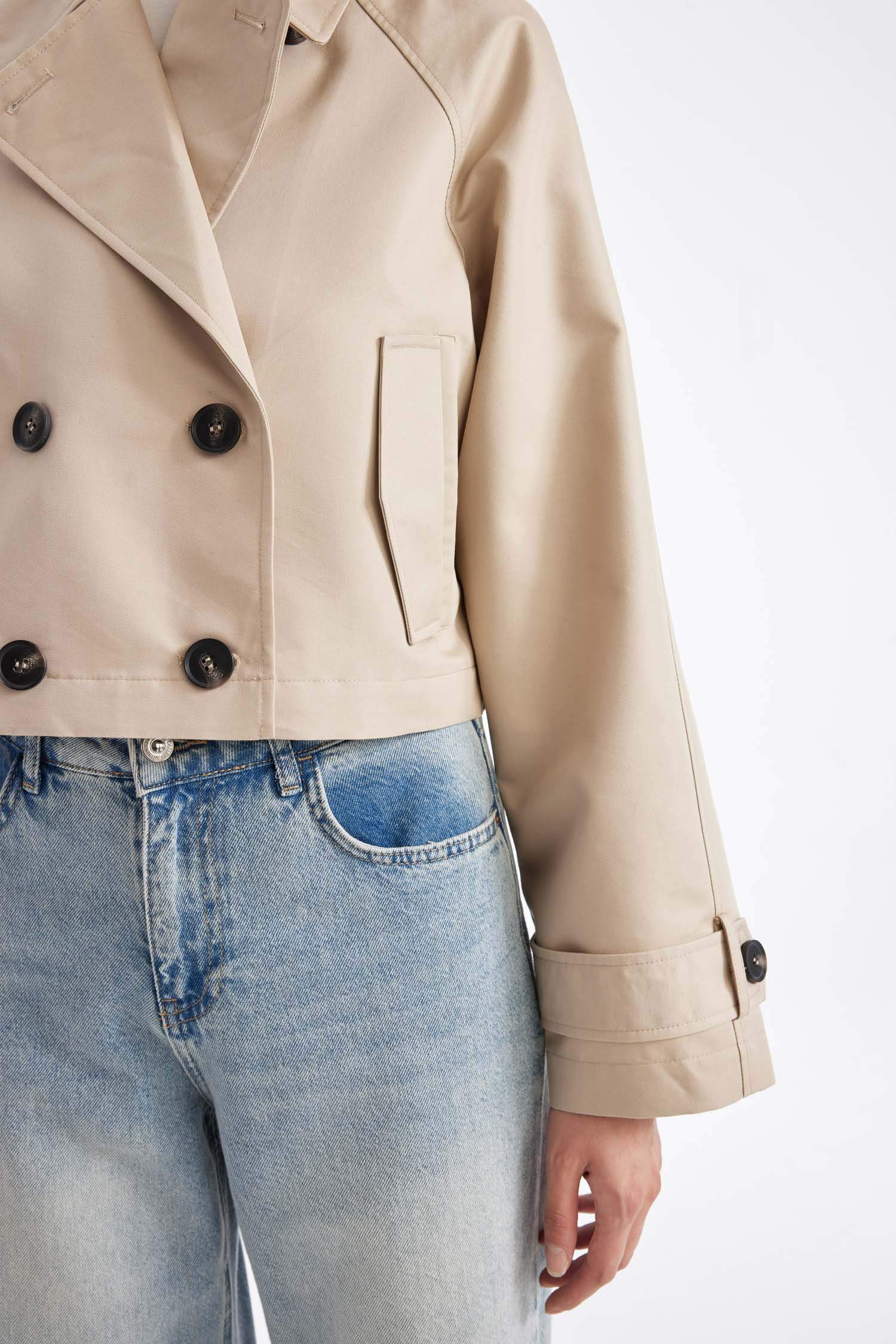 Smokin Yaka Düğmeli Pamuklu Kısa Trençkot 