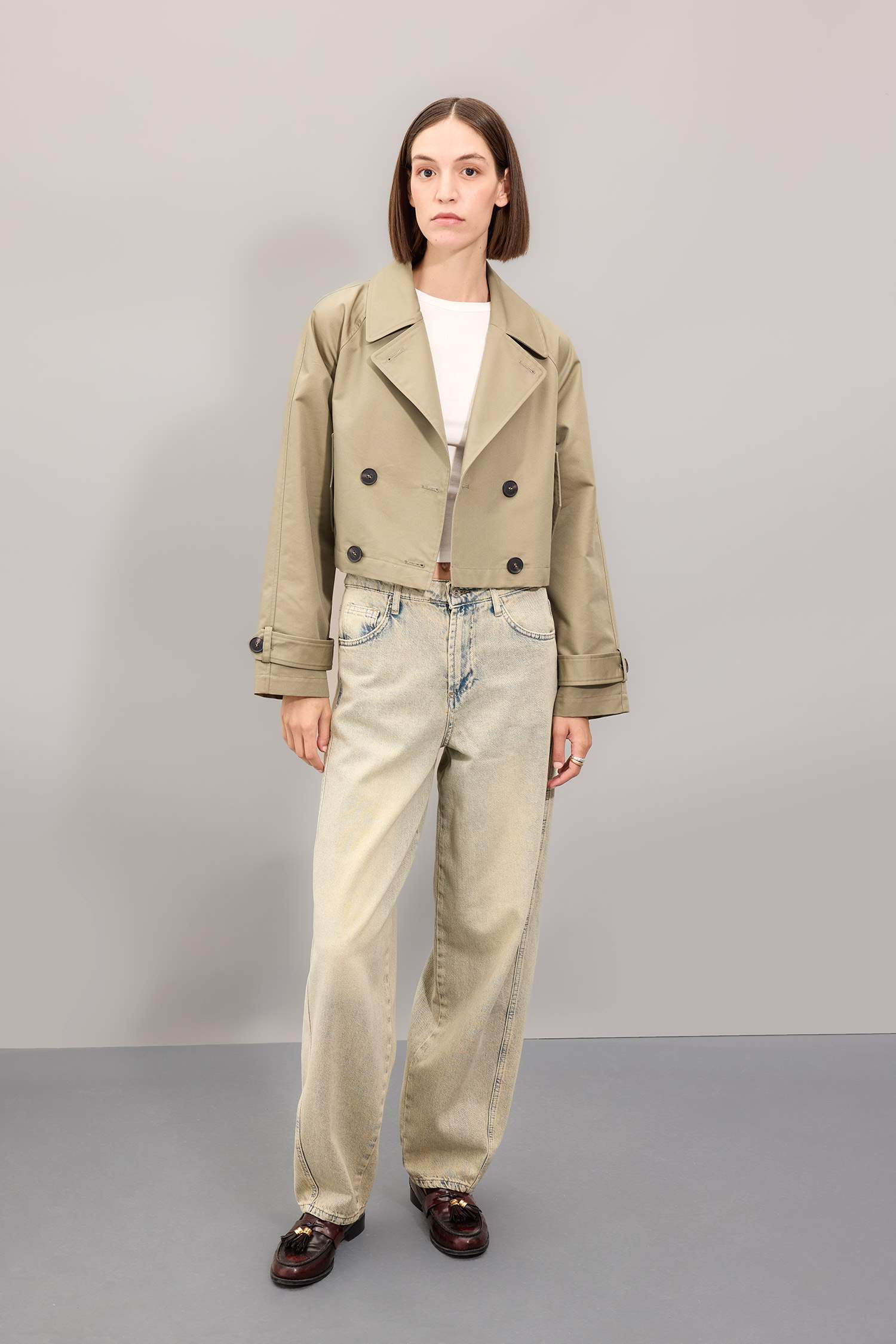 Regular Kalıp Kısa Trençkot Smokin Yaka Düğmeli Pamuklu