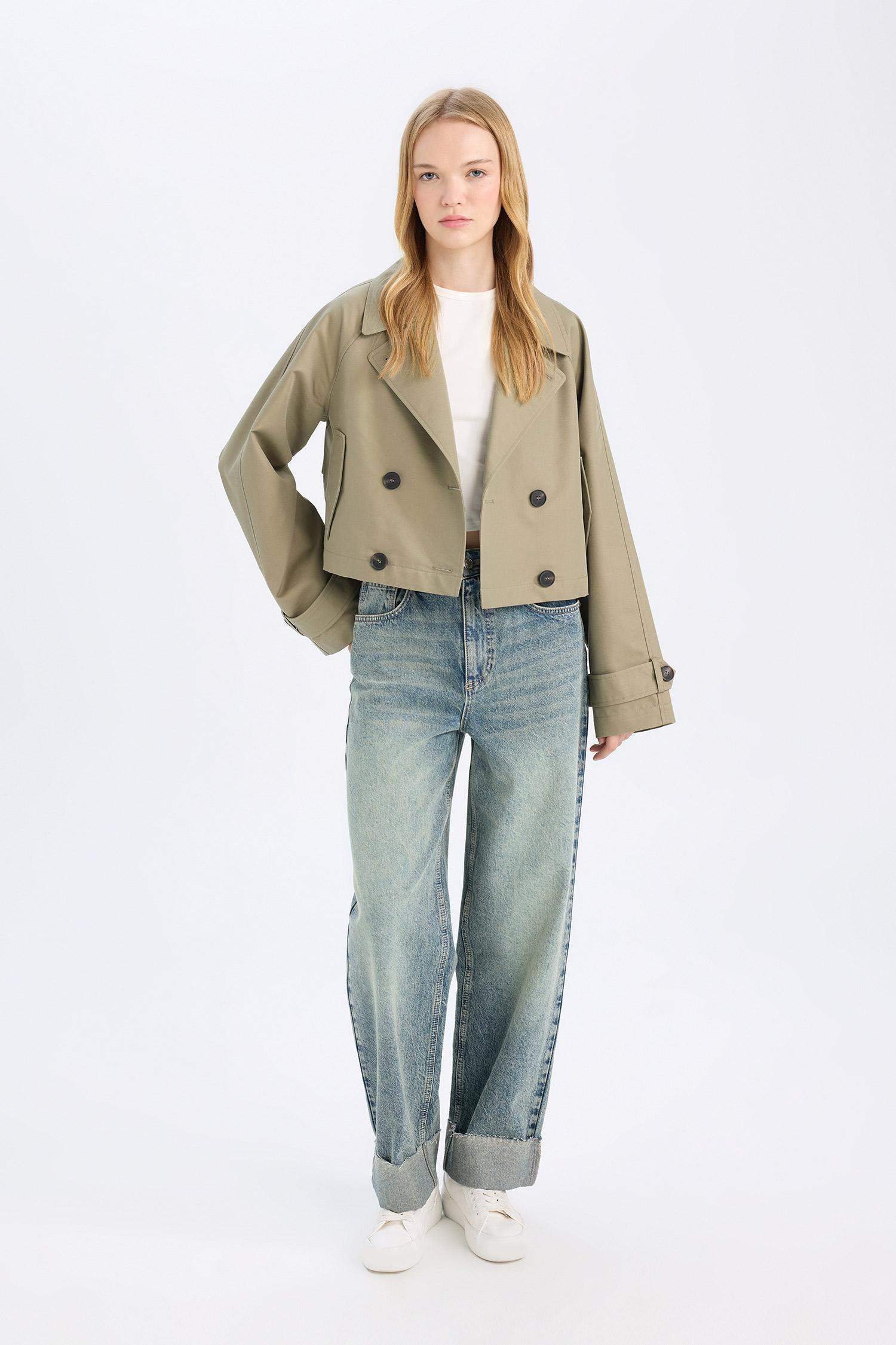 Regular Kalıp Kısa Trençkot Smokin Yaka Düğmeli Pamuklu