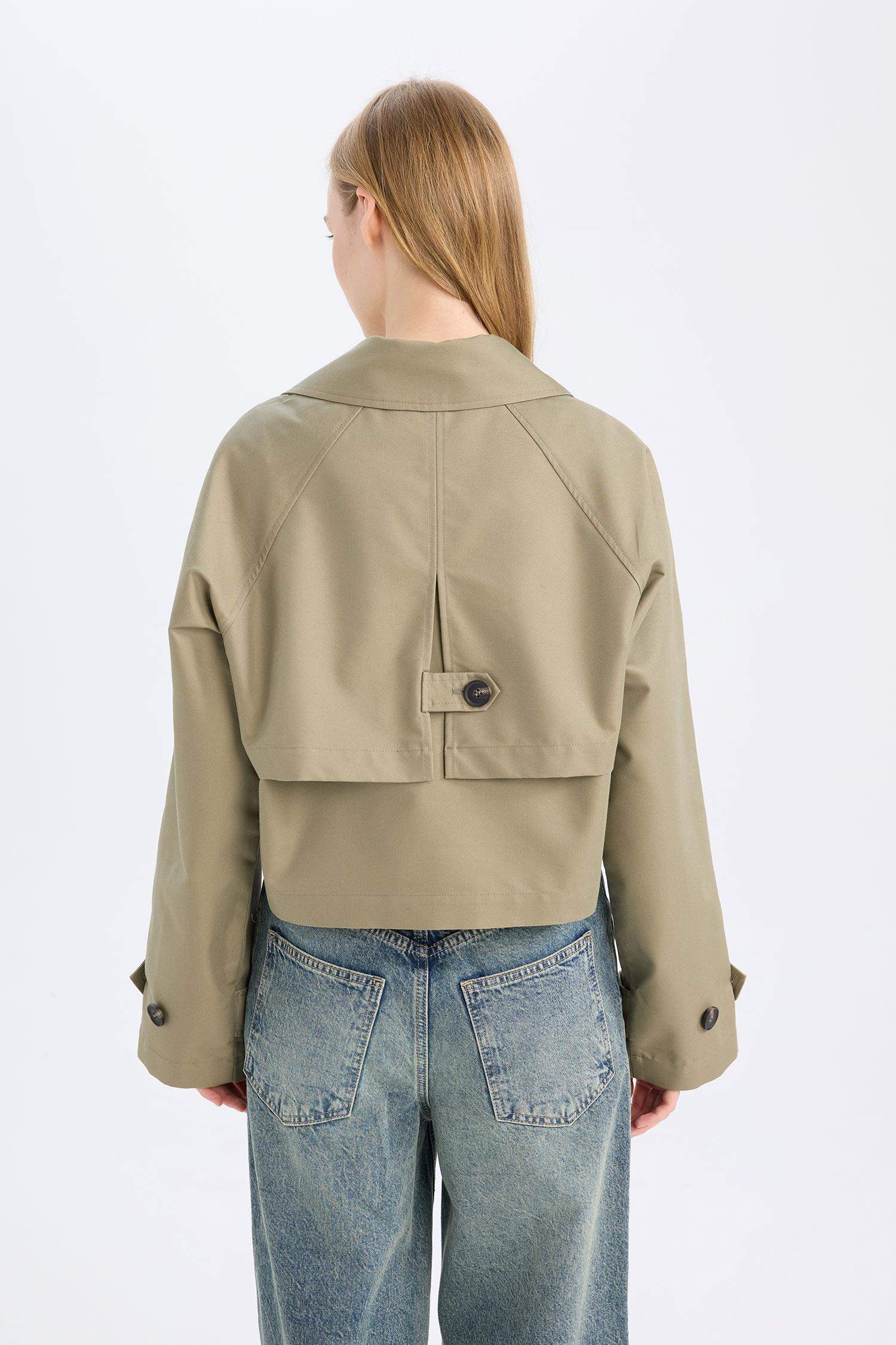 Regular Kalıp Kısa Trençkot Smokin Yaka Düğmeli Pamuklu