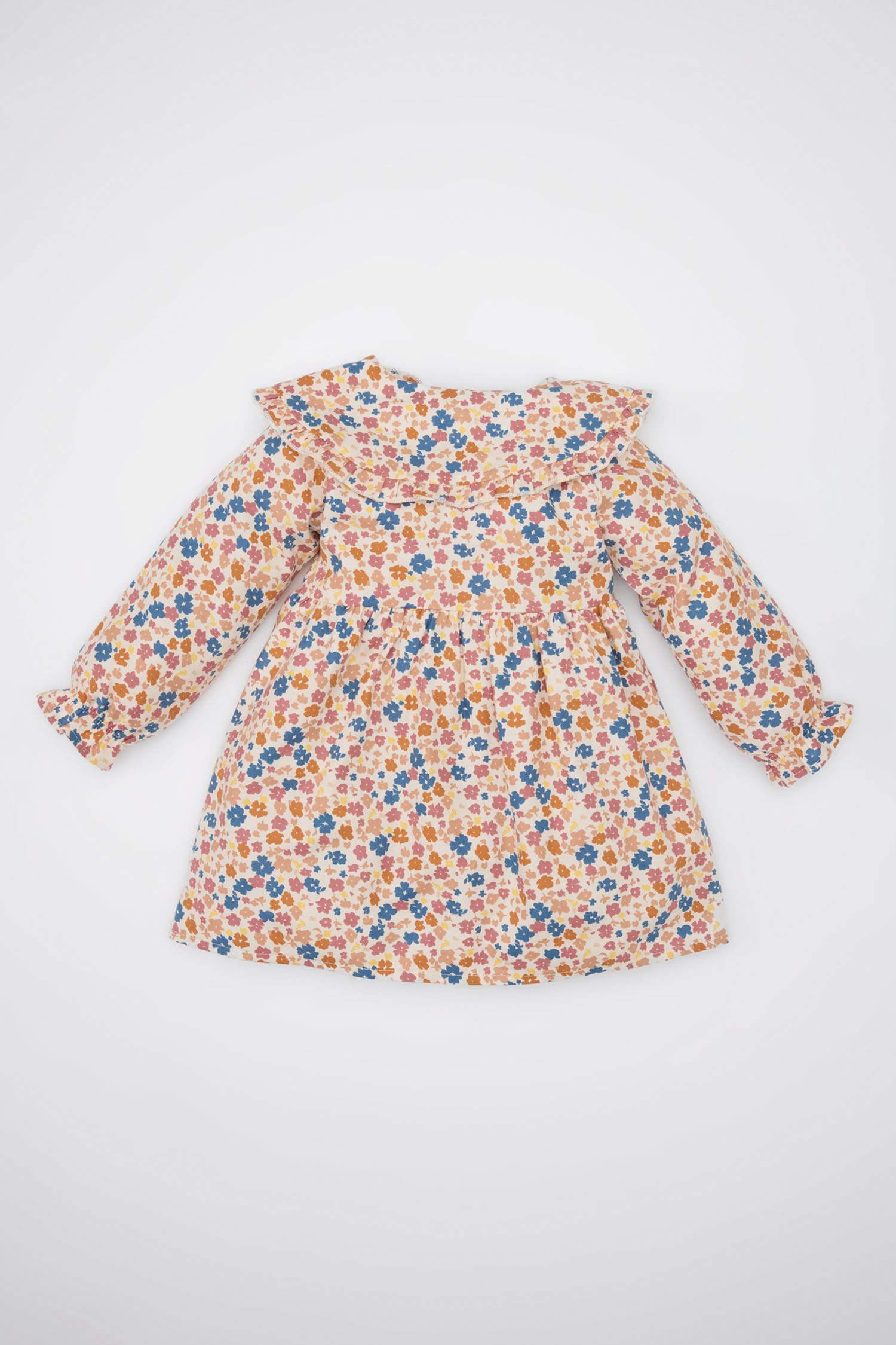 Kız Bebek Çiçekli Uzun Kollu Yakası Fırfırlı Twill Elbise
