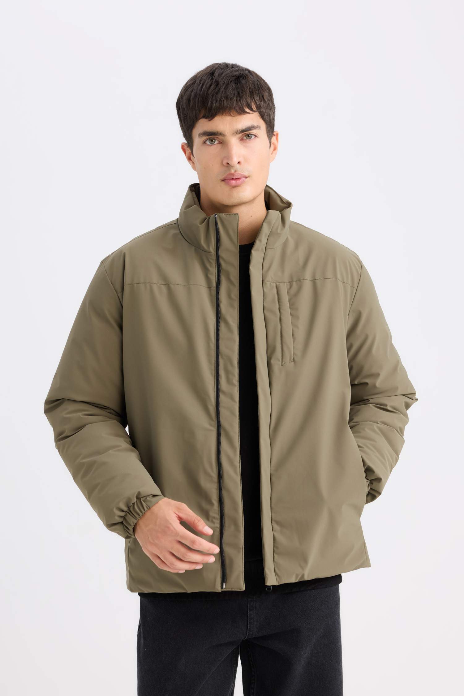 Su İtici Regular Fit Dik Yaka Fermuarlı Cepli Mont