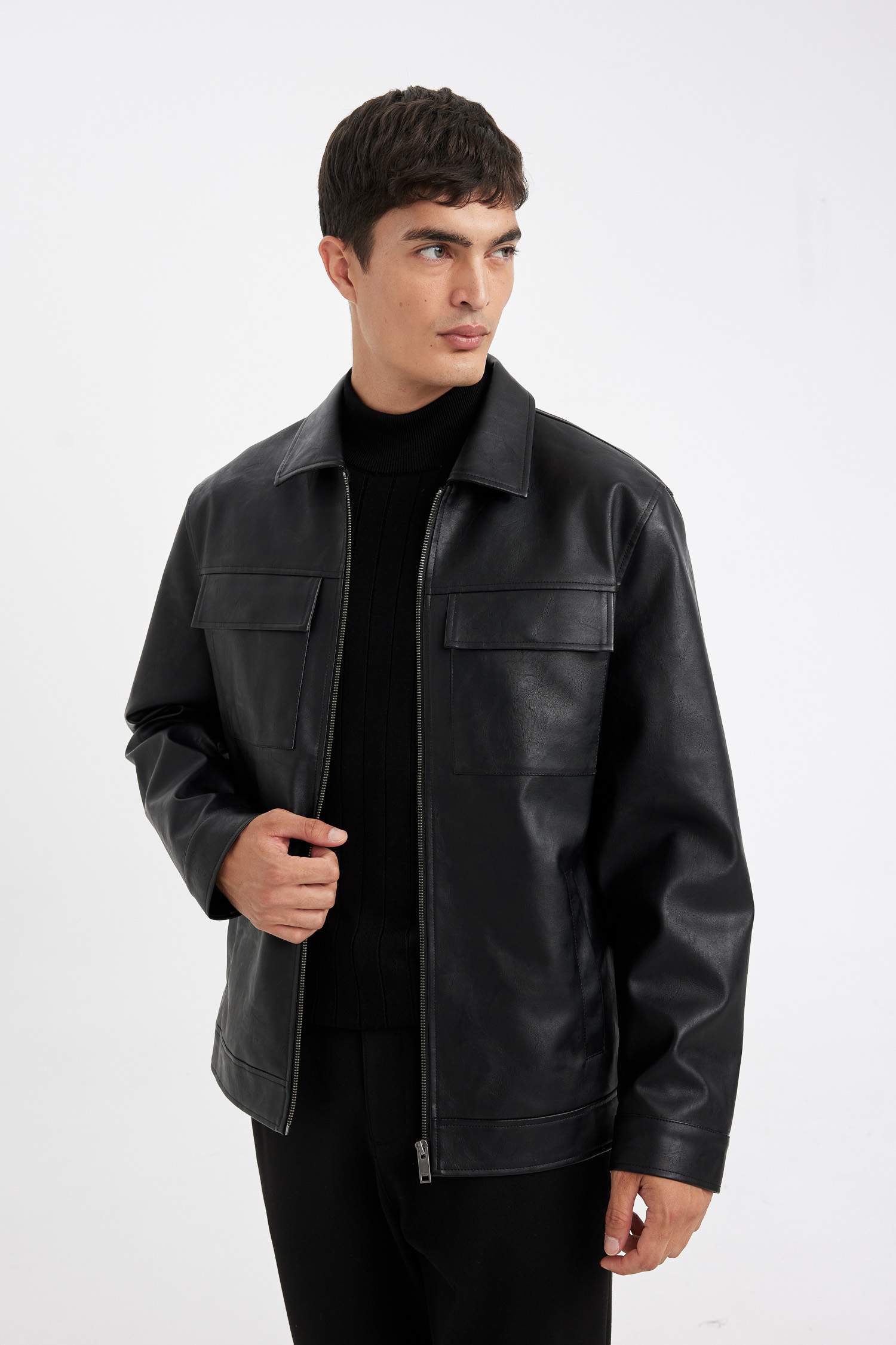 Black Man Zipper Faux Leather Jacket 3166912 | DeFacto