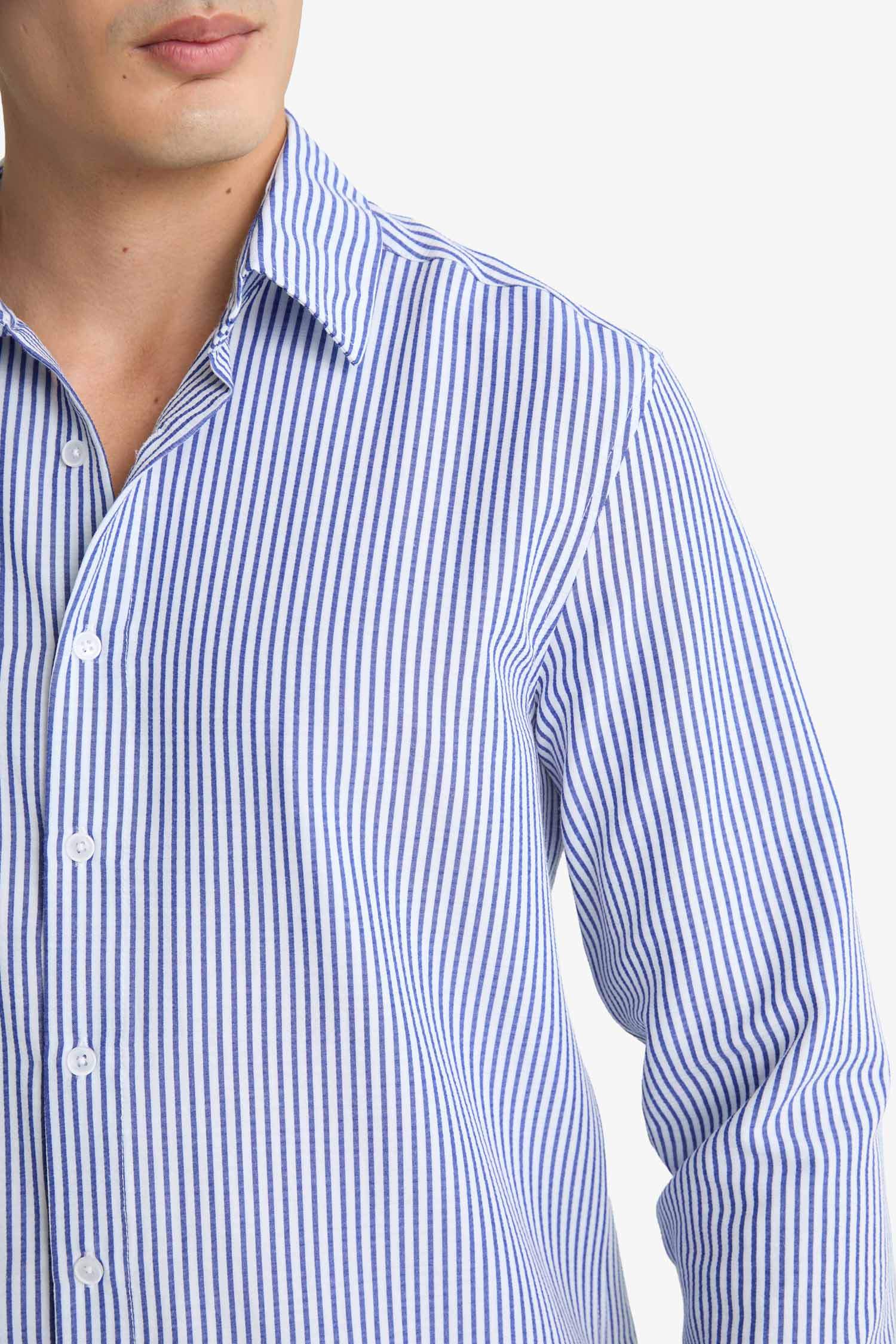 Modern Fit Polo Yaka Çizgili Krinkıl Uzun Kollu Gömlek