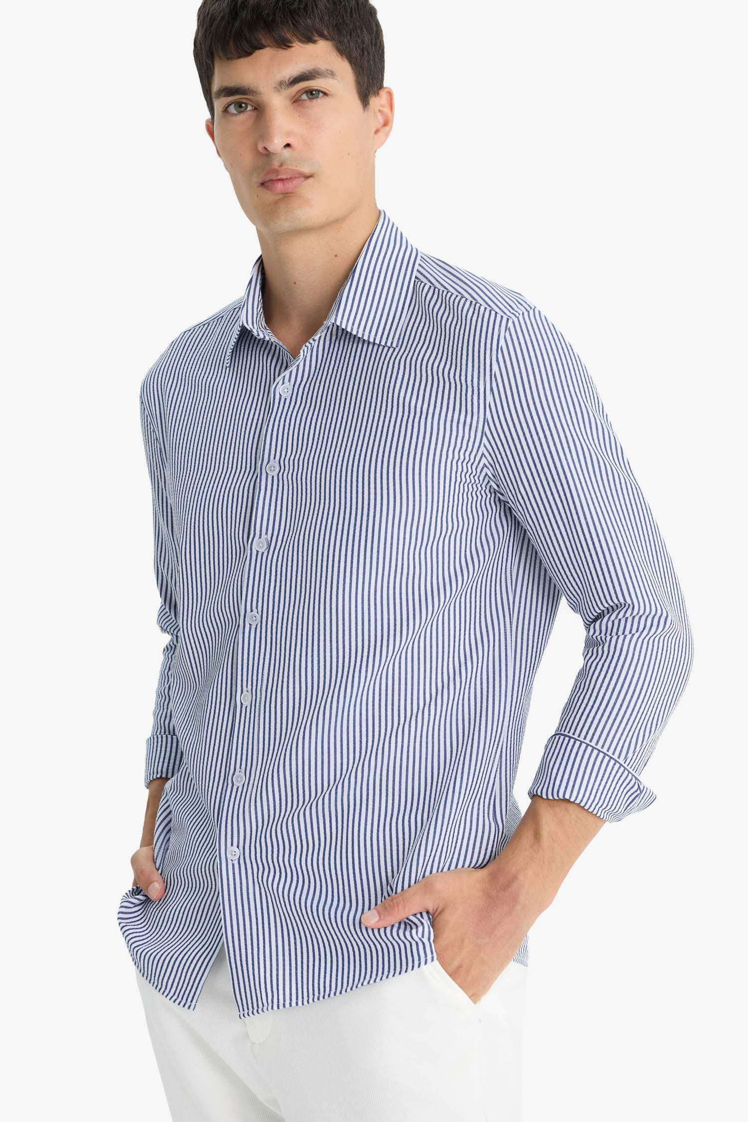 Modern Fit Polo Neck Striped Crinkle Long Sleeve Shirt