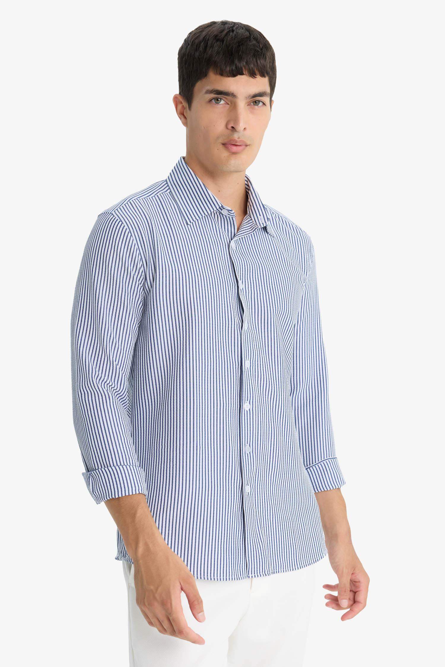 Modern Fit Polo Neck Striped Crinkle Long Sleeve Shirt