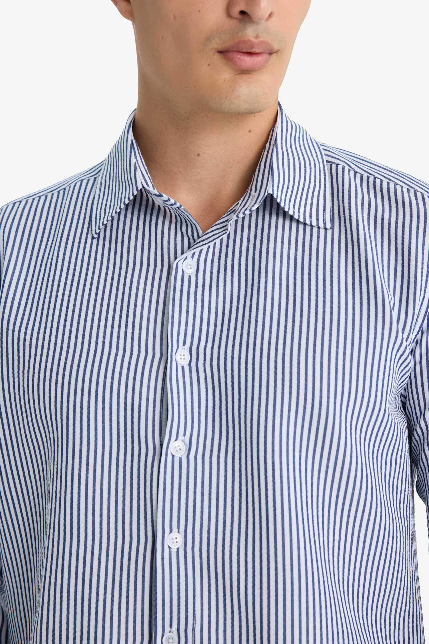 Modern Fit Polo Yaka Çizgili Krinkıl Uzun Kollu Gömlek