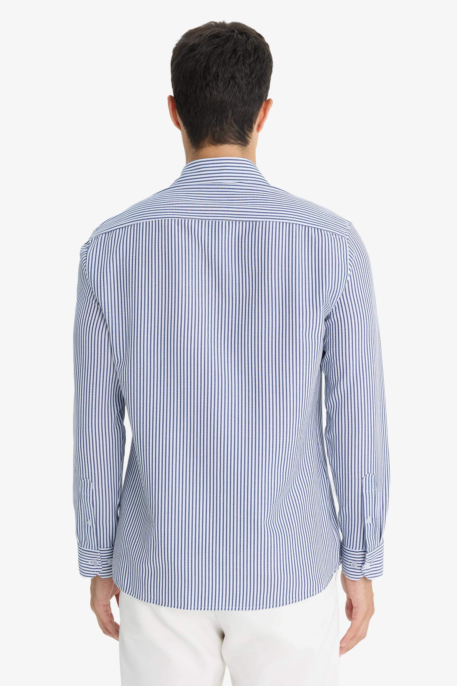 Modern Fit Polo Yaka Çizgili Krinkıl Uzun Kollu Gömlek