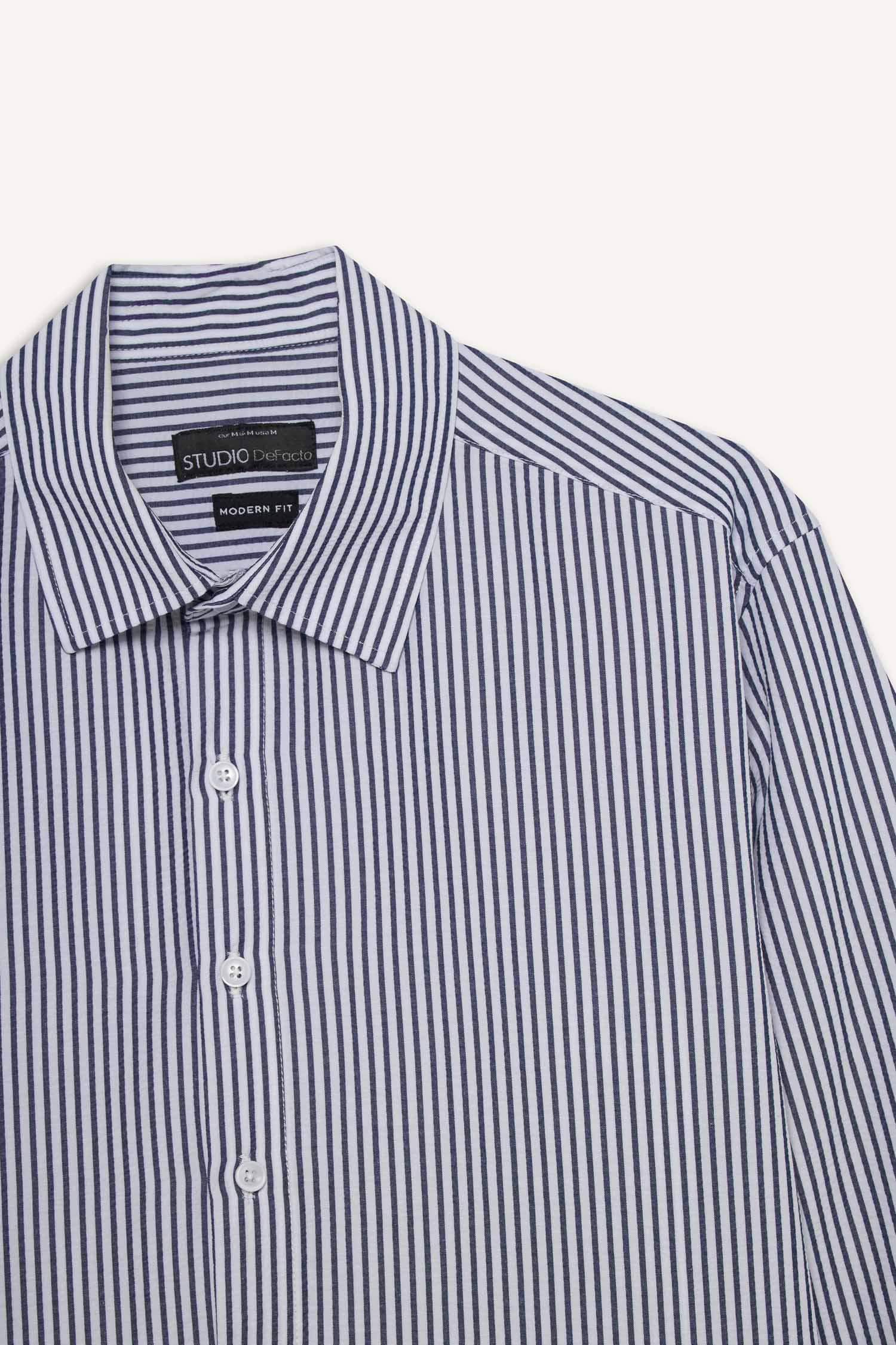 Modern Fit Polo Yaka Çizgili Krinkıl Uzun Kollu Gömlek