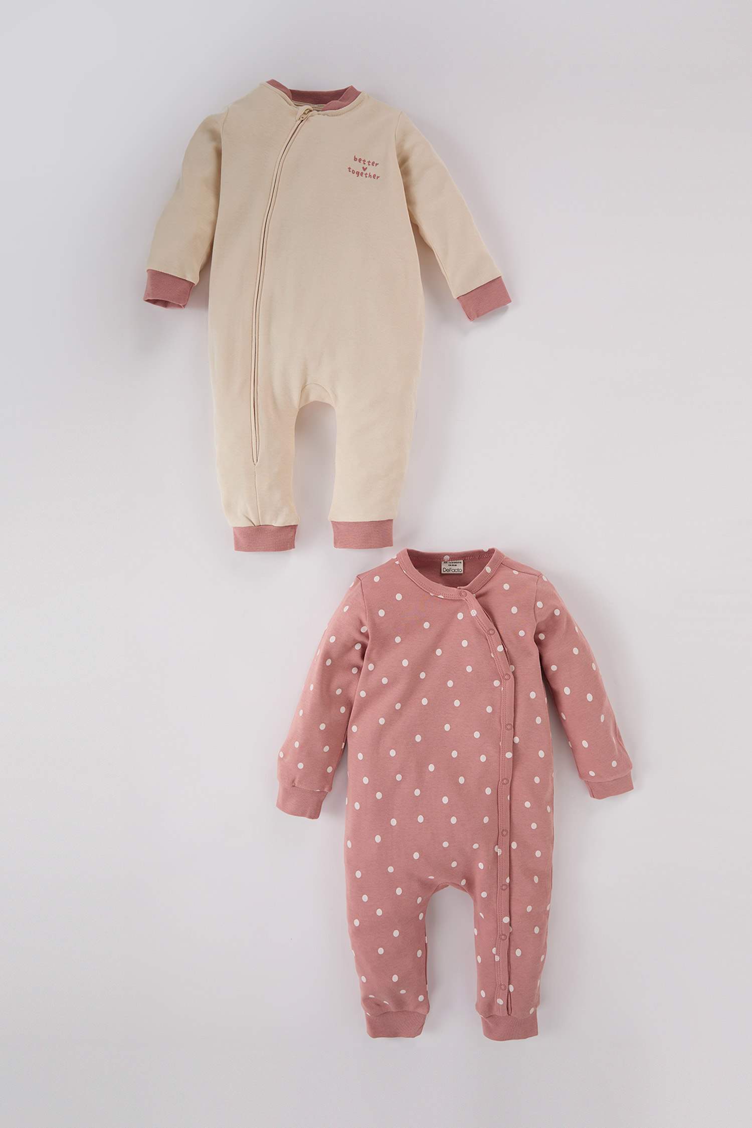 Kız Bebek Yenidoğan Baskılı Puantiyeli Fermuarlı Uzun Kollu 2'li Tulum