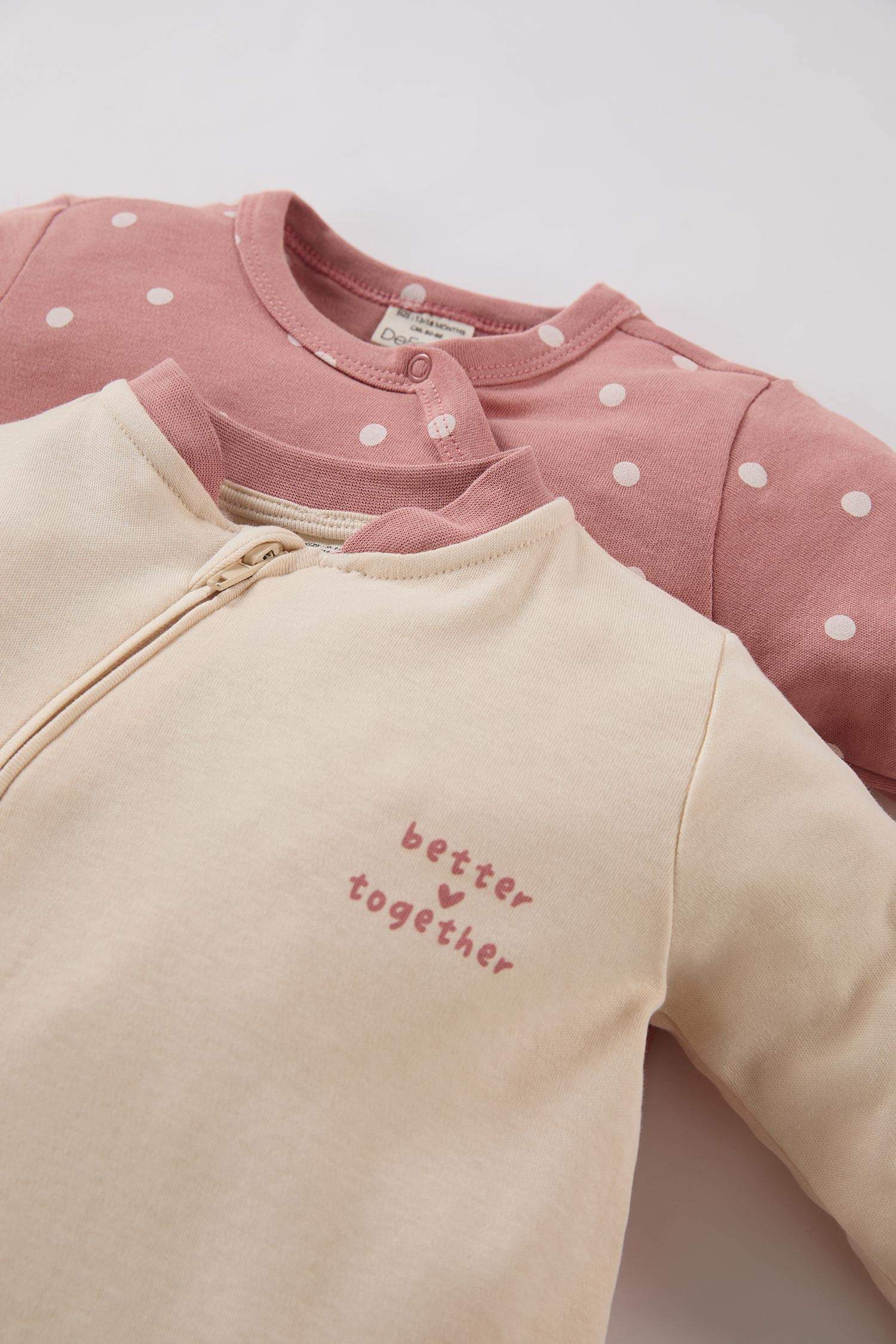 Kız Bebek Yenidoğan Baskılı Puantiyeli Fermuarlı Uzun Kollu 2'li Tulum