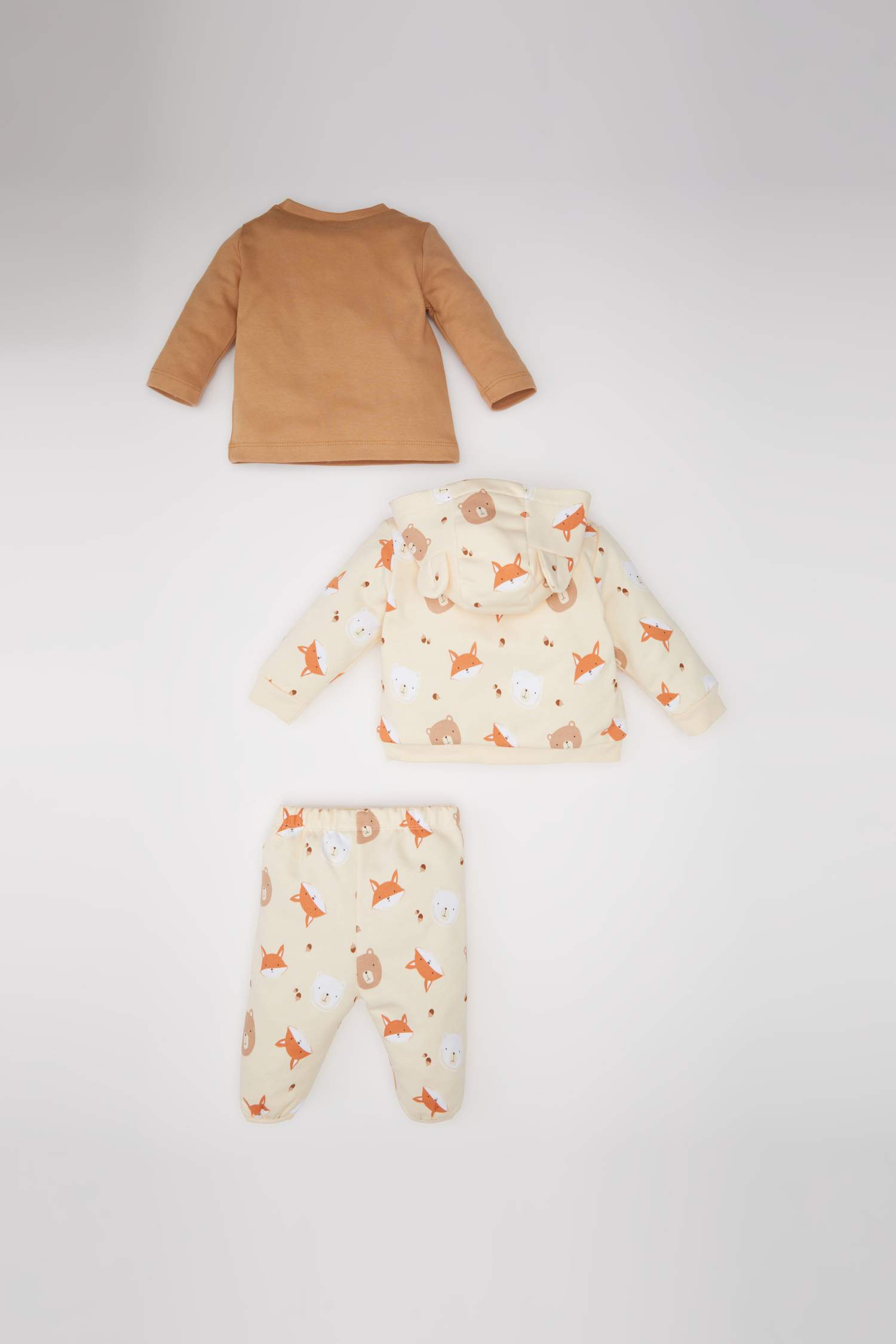 Erkek Bebek 3'lü Takım Ayı Baskılı Sweatshirt Kapüşonlu Hırka Beli Lastikli Alt