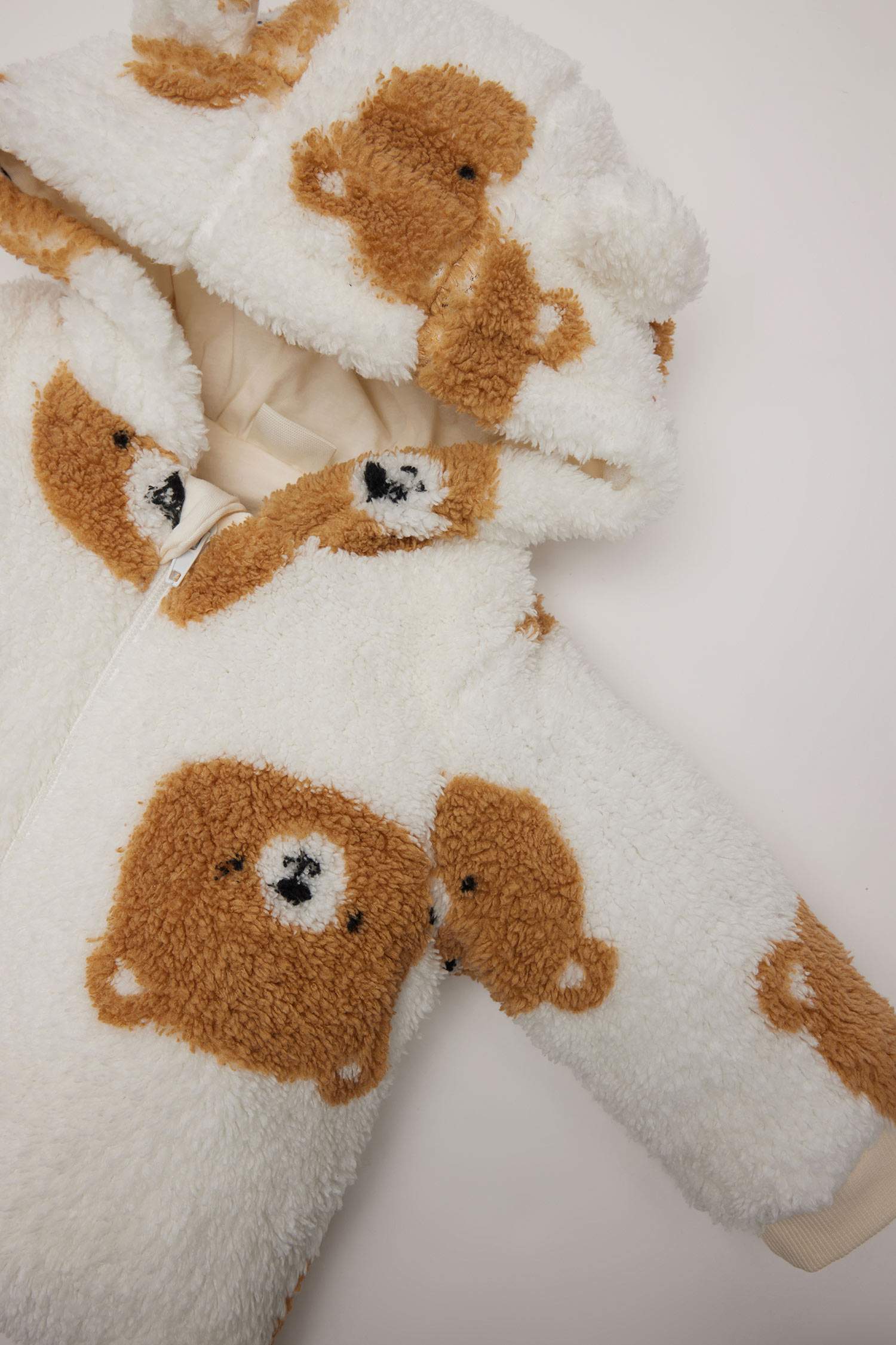 Erkek Bebek 3'lü Takım Uzun Kollu Tişört Pelüş Ayı Baskılı Kapüşonlu Fermuarlı Hırka Beli Lastikli Alt