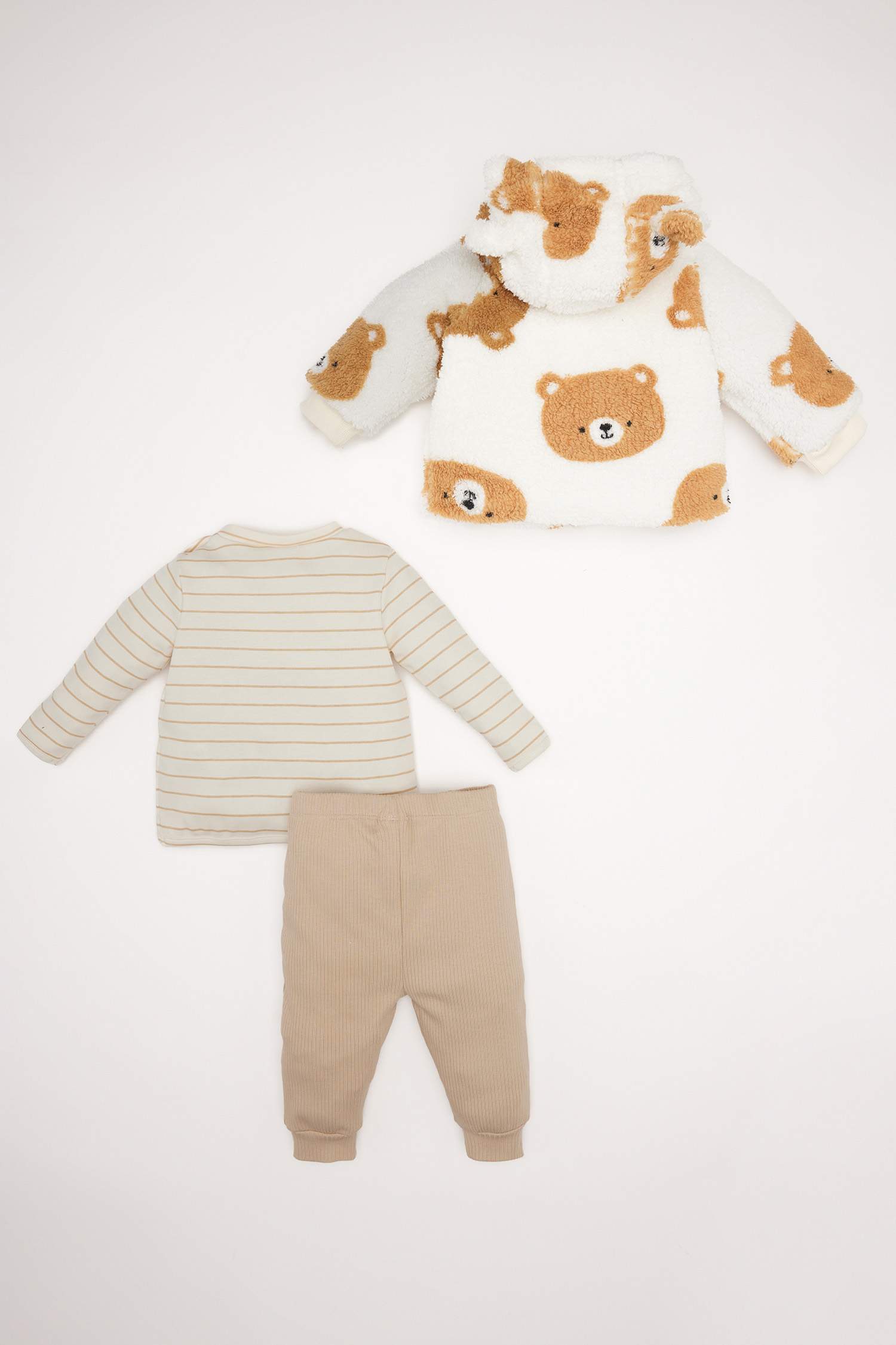 Erkek Bebek 3'lü Takım Uzun Kollu Tişört Pelüş Ayı Baskılı Kapüşonlu Fermuarlı Hırka Beli Lastikli Alt